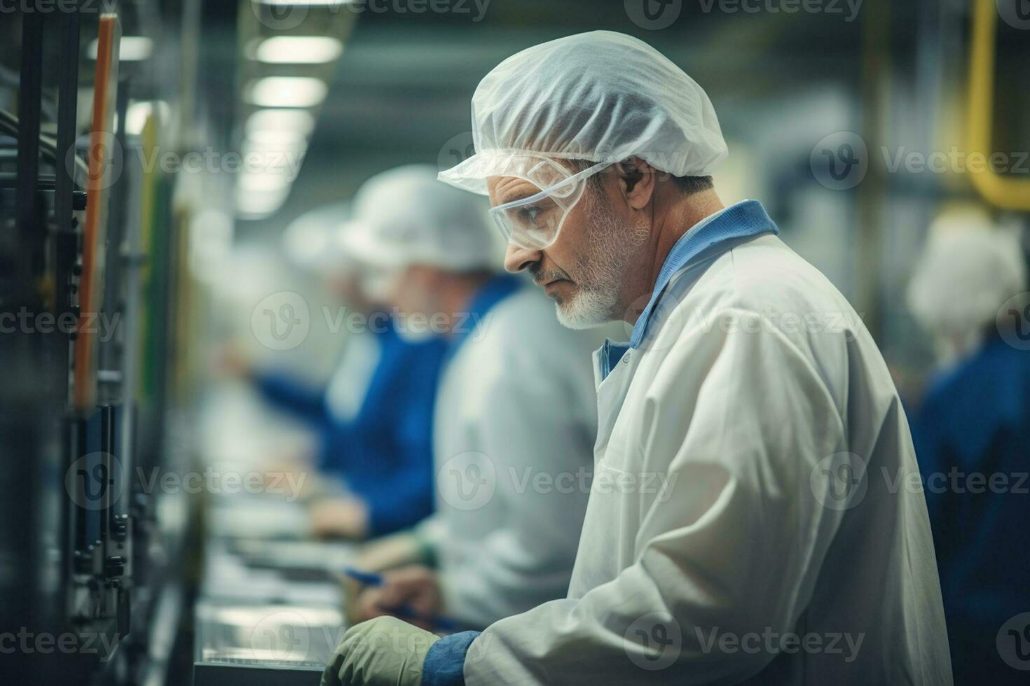 een senior fabriek arbeiders precisie in productie inspectie. generatief door ai foto