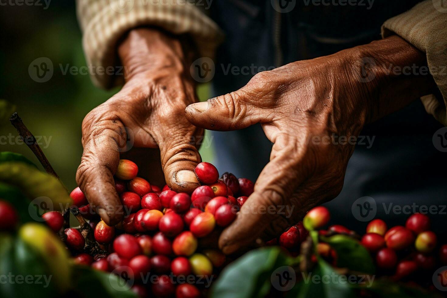 boer hand- plukken rood bessen en koffie bonen. generatief door ai foto