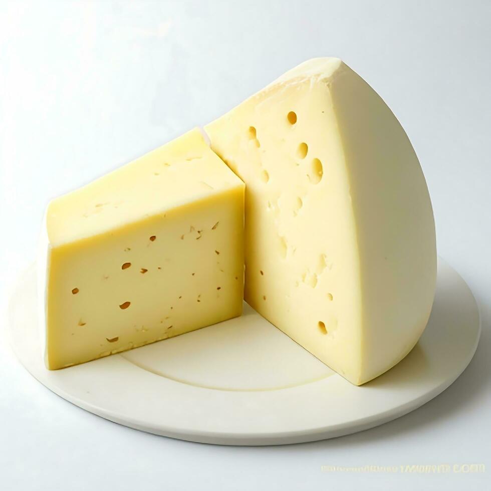 een opvallende plak van kaas Aan een bord foto