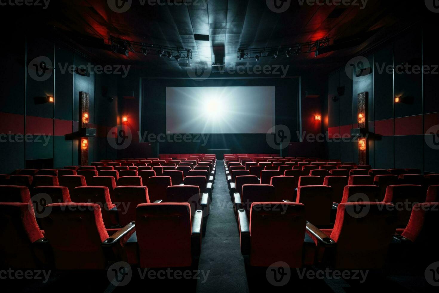 leeg modern film theater interieur met scherm en stoelen. generatief ai foto