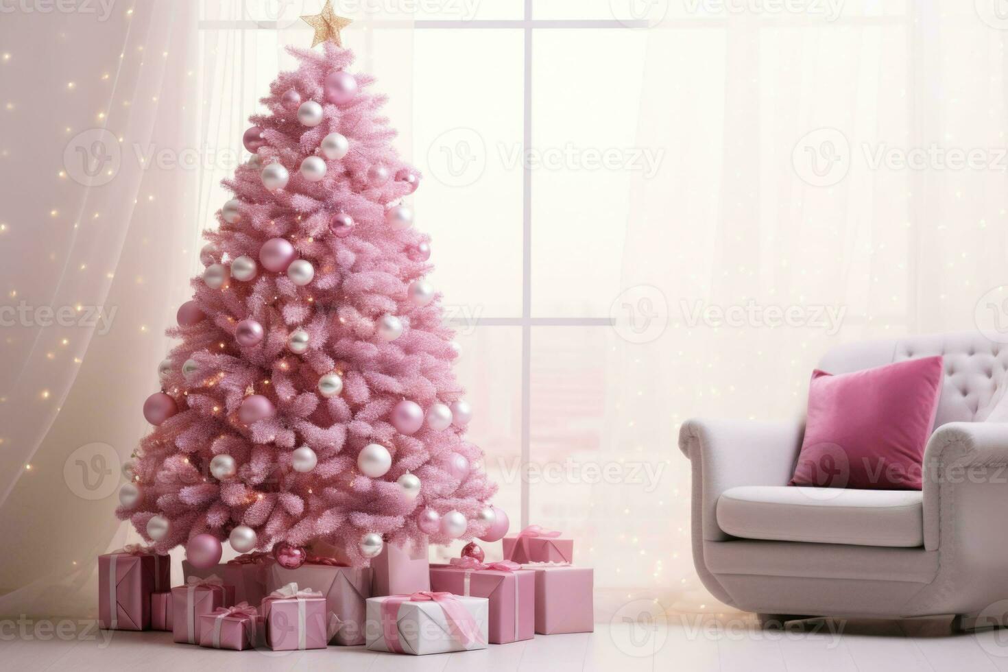 roze Kerstmis boom en decoraties. Kerstmis achtergrond. ai gegenereerd foto