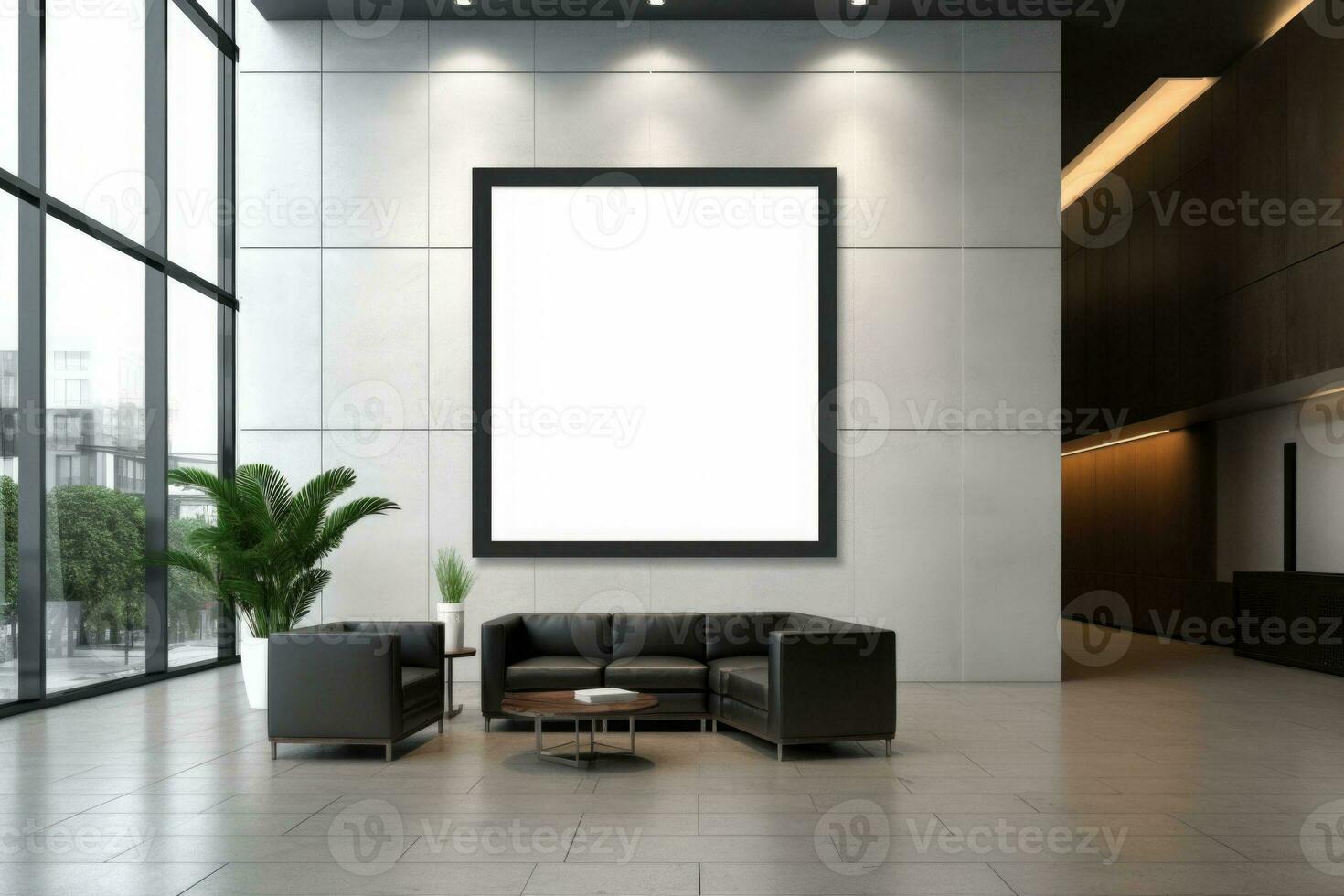 reclame aanplakbord kader Aan muur in kantoor lobby kopiëren ruimte voor bespotten omhoog sjabloon. generatief ai foto