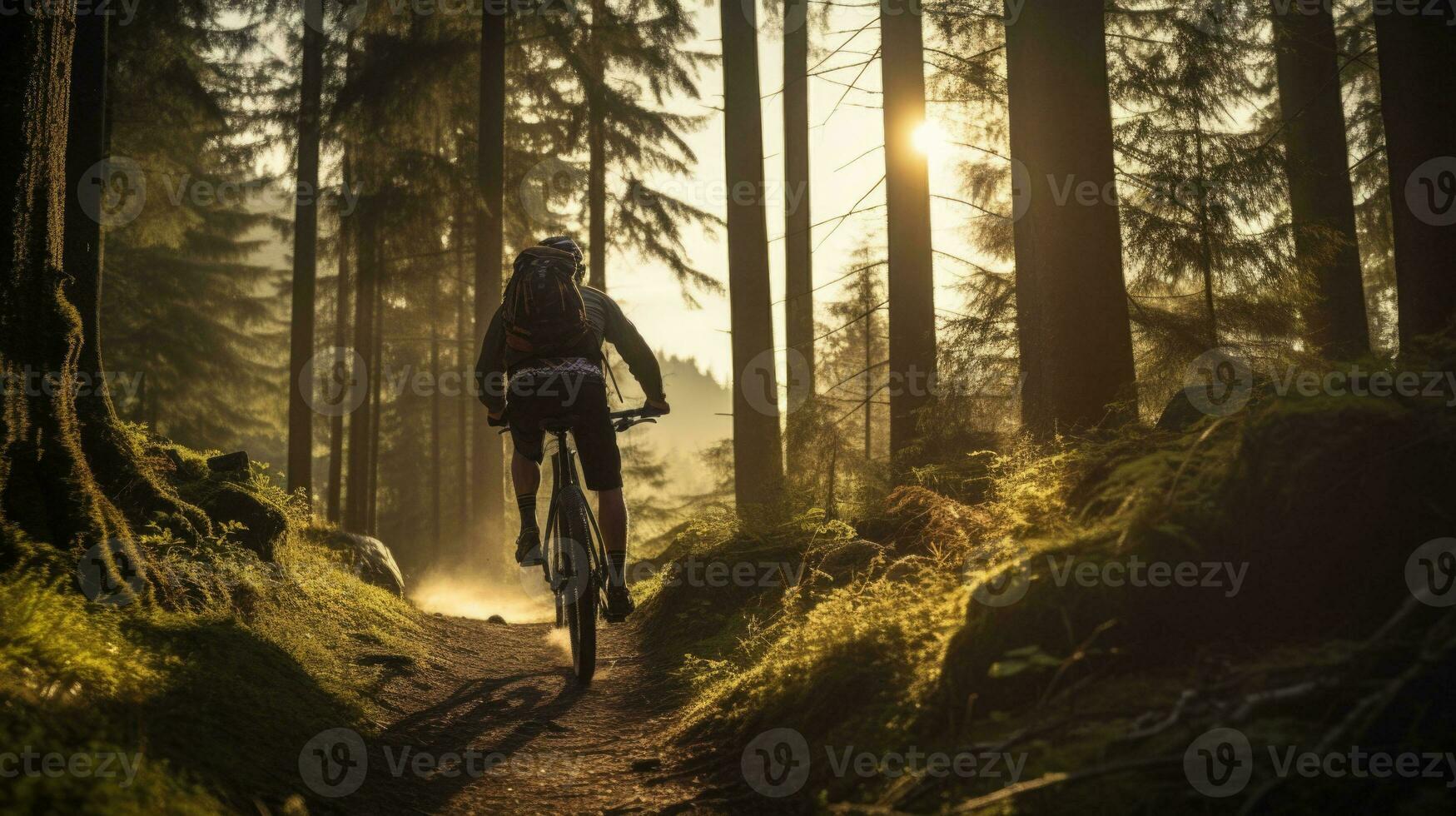 berg fietser Aan Woud spoor in de zonsondergang. generatief ai foto