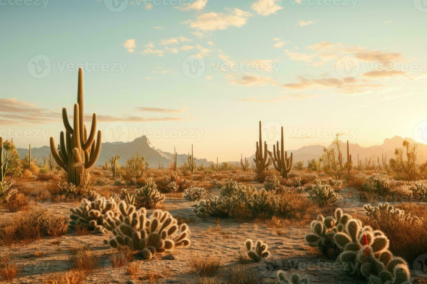 een woestijn vol van cactus. panorama met droog woestijn cactussen. generatief ai foto