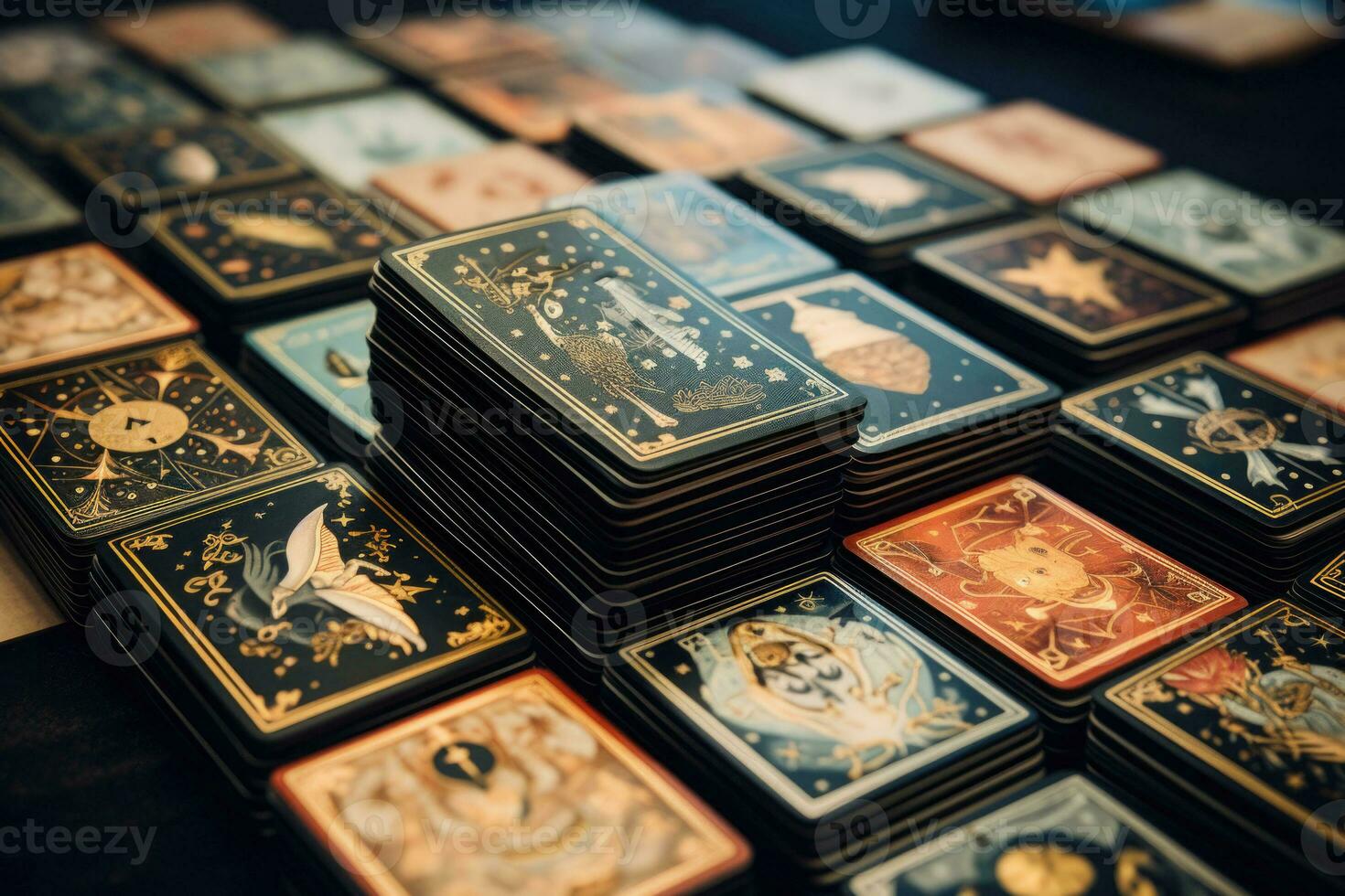 stapels van verschillend tarot kaarten met ingewikkeld illustraties. esoterisch en occult achtergrond. fortuin vertellen en waarzeggerij ritueel. mysticus concept. generatief ai foto