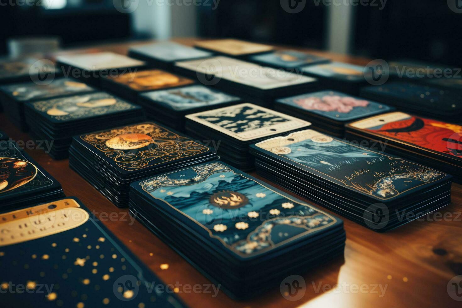 stapels van verschillend tarot kaarten met ingewikkeld illustraties. esoterisch en occult achtergrond. fortuin vertellen en waarzeggerij ritueel. mysticus concept. generatief ai foto