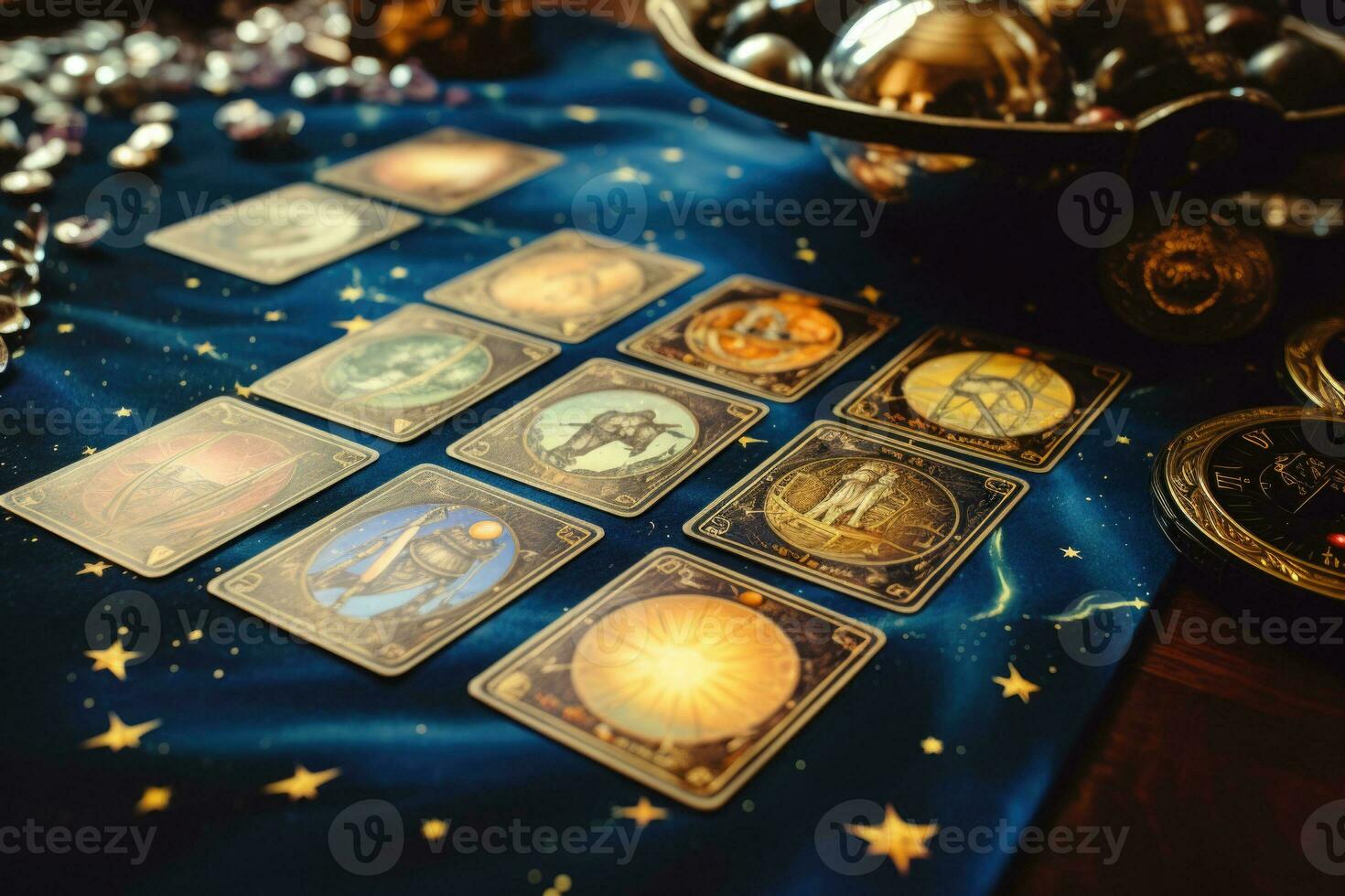 een stapel van tarot kaarten verspreide aan de overkant een tafel top. esoterisch achtergrond. fortuin vertellen, tarot voorspellingen. generatief ai foto