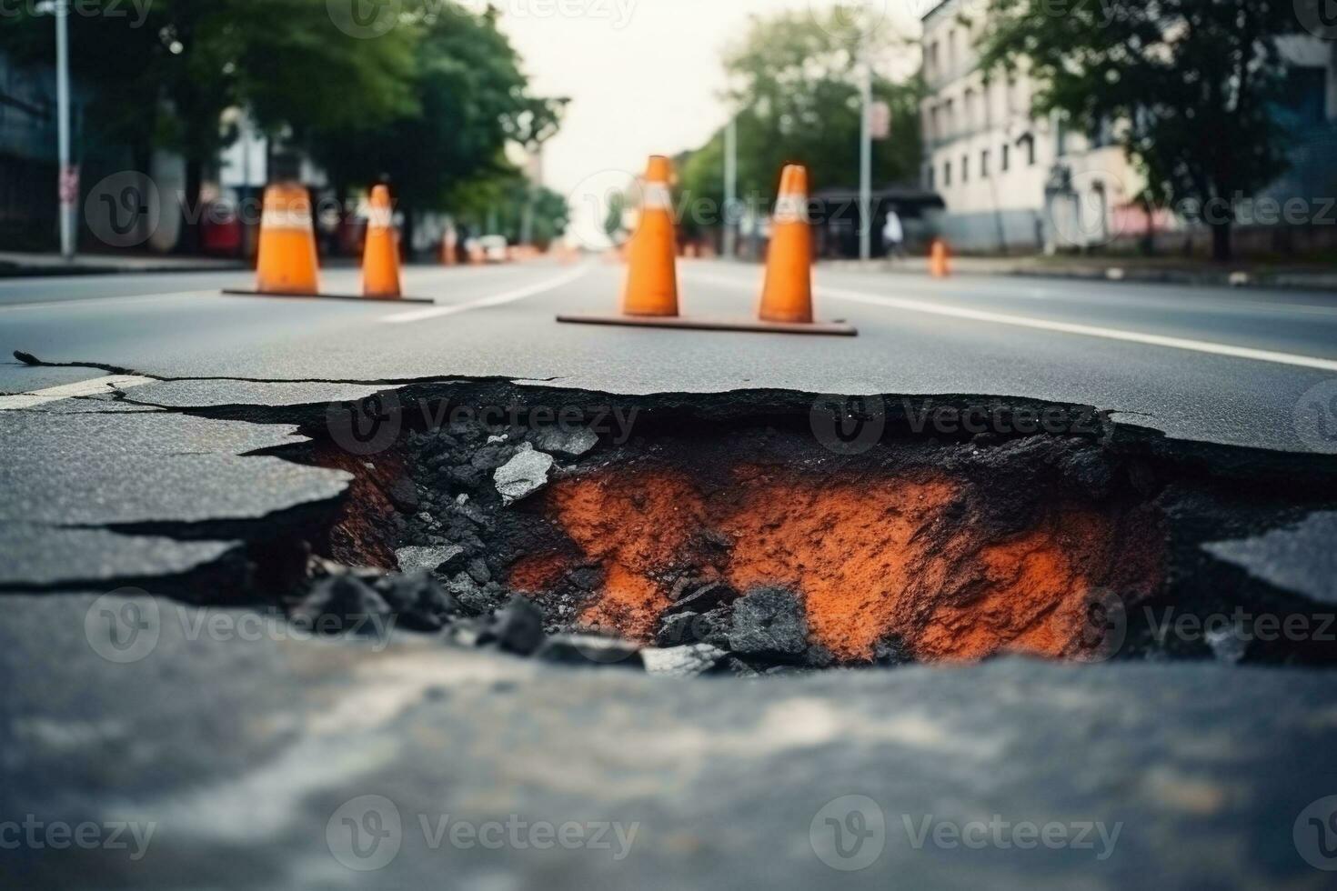 gevaarlijk gat in de asfalt snelweg. weg met scheuren. beschadigd asfalt, weg instorten. generatief ai foto