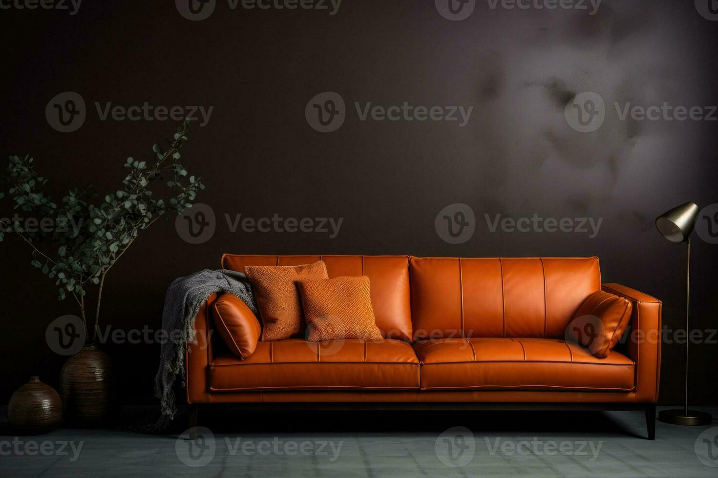 interieur ontwerp van modern leven kamer met oranje leer sofa en huis planten. ai gegenereerd foto