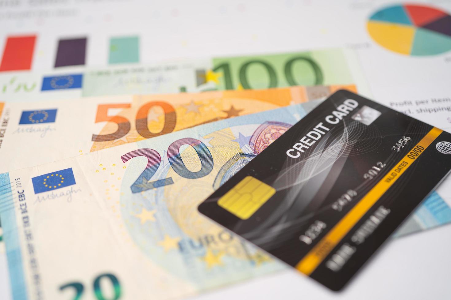 creditcard met eurobankbiljetten op grafiek en millimeterpapier. financiële ontwikkeling, bankrekening, statistieken, investeringsanalytisch onderzoek data-economie, beurshandel, bedrijfsconcept. foto