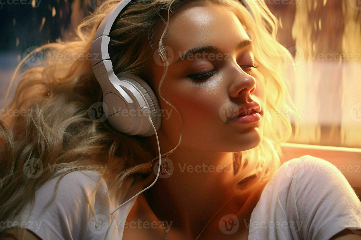 mooi jong vrouw met hoofdtelefoons luisteren naar muziek. portret van een mooi blond meisje in koptelefoon. ai gegenereerd pro foto