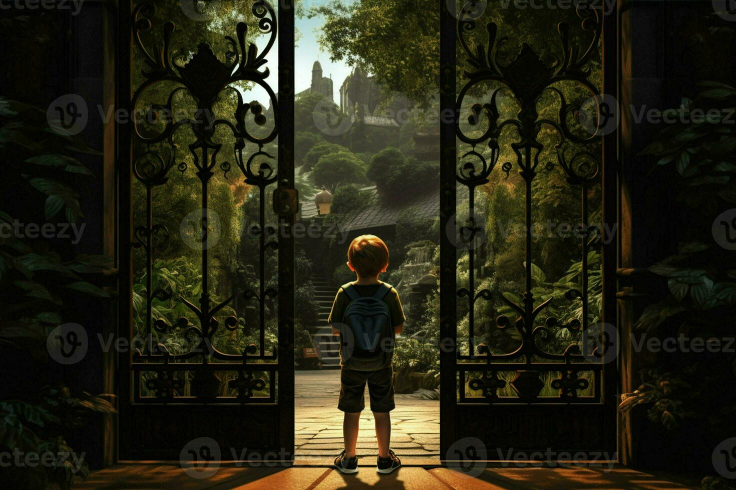 terug visie van een jongen staand in voorkant van een poort. ai gegenereerd pro foto