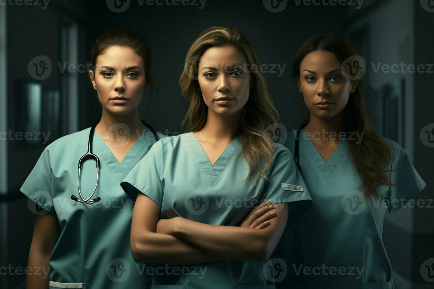 mooi jong Dames in medisch uniform staand in ziekenhuis hal. ai gegenereerd pro foto
