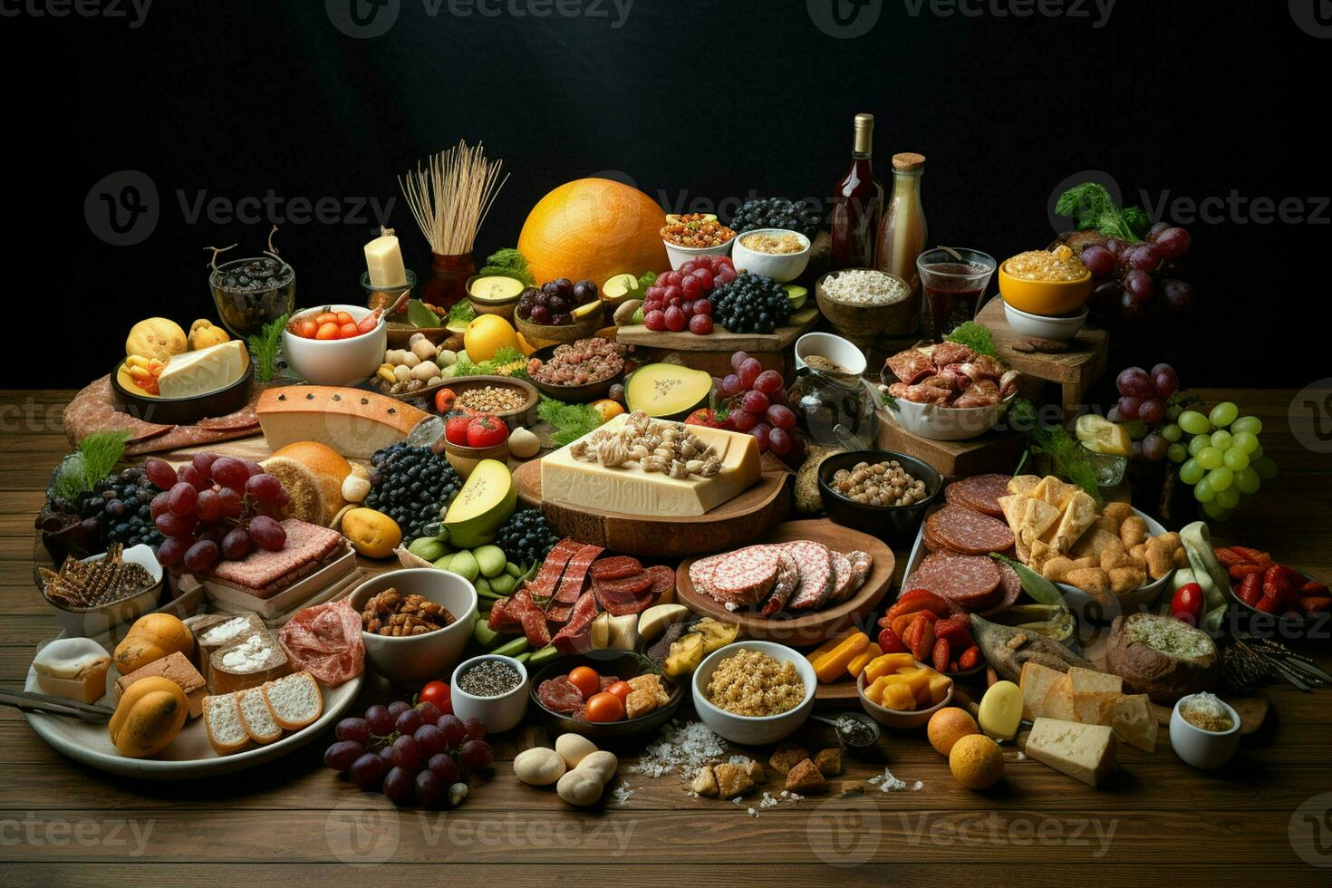 selectie van kaas, vlees, fruit en groenten Aan een houten tafel. ai gegenereerd pro foto