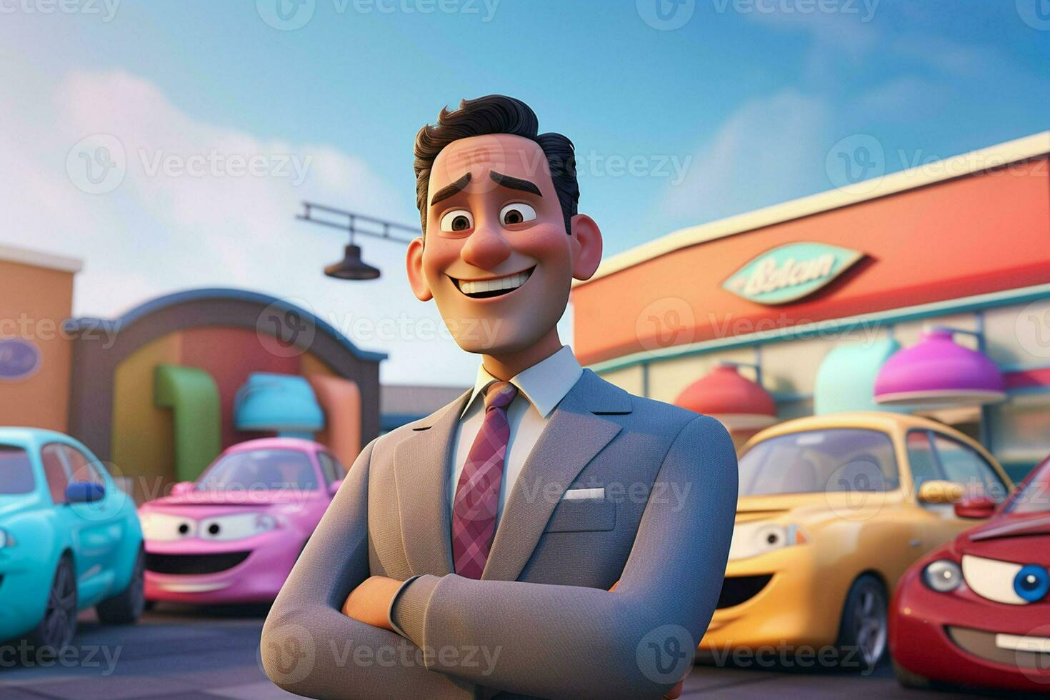 3d illustratie van een tekenfilm zakenman staand in voorkant van een auto park. ai gegenereerd pro foto