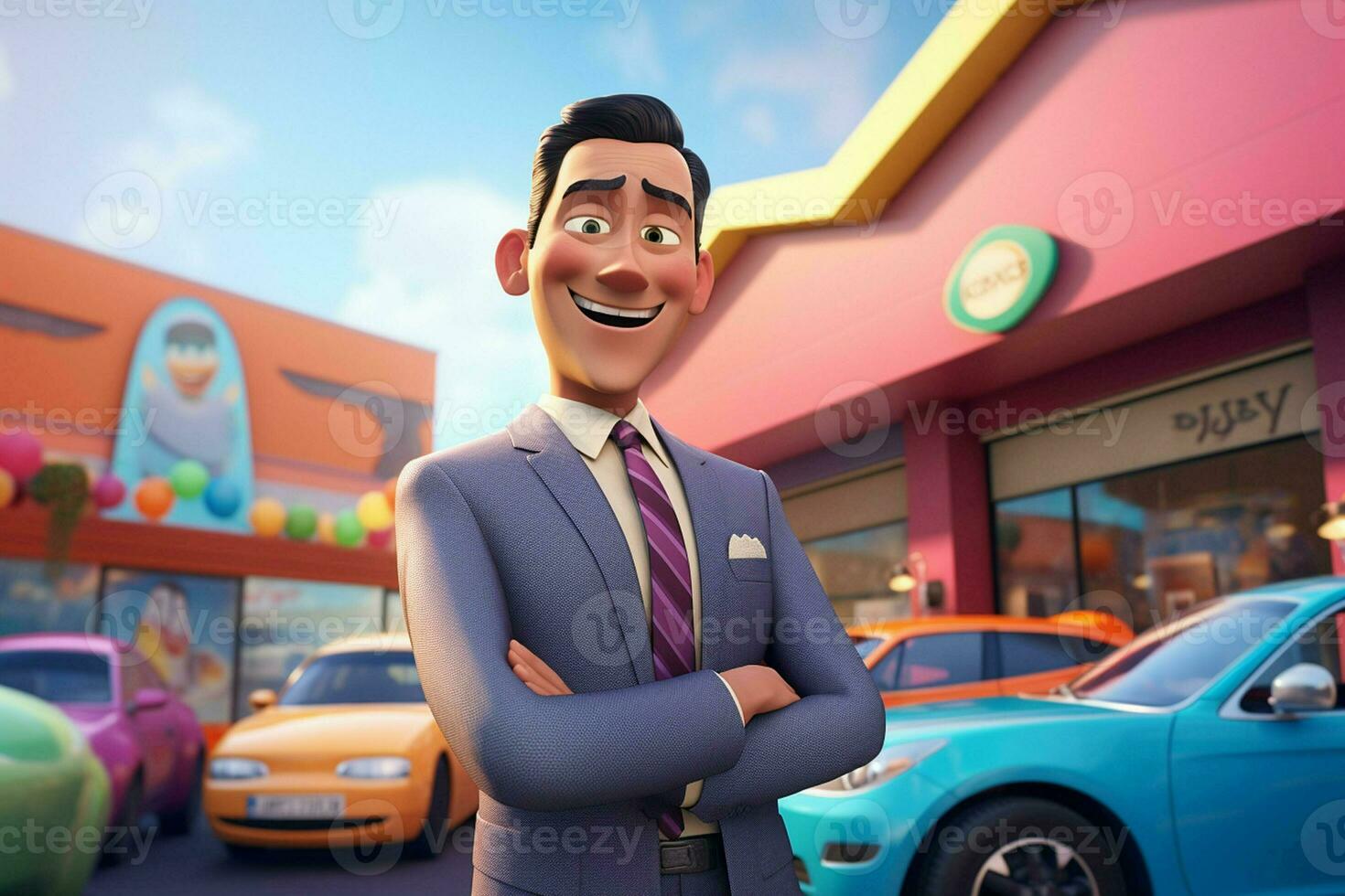 3d illustratie van een tekenfilm zakenman staand in voorkant van een auto park. ai gegenereerd pro foto