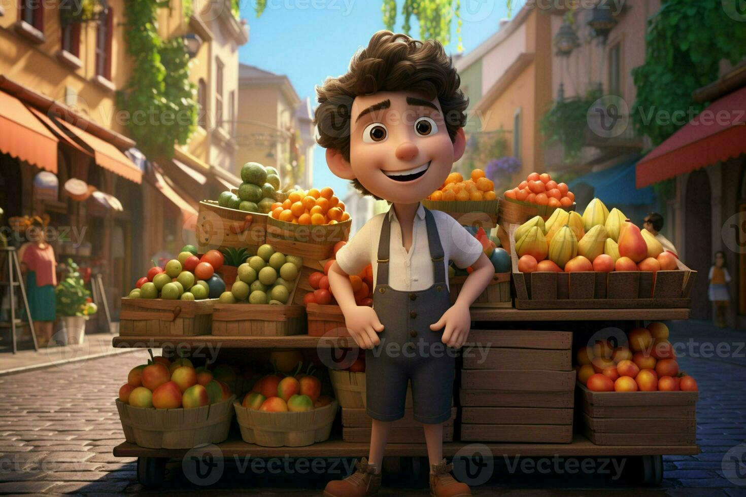 een tekenfilm karakter in een kruidenier op te slaan verkoop fruit. ai gegenereerd pro foto
