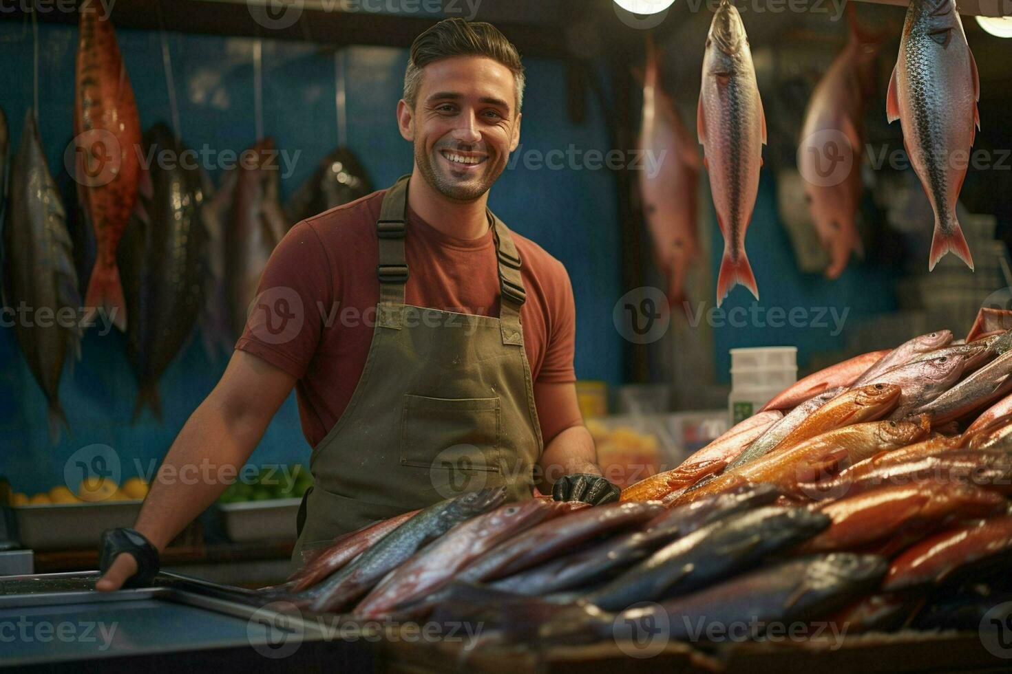 portret van een glimlachen middelbare leeftijd Mens verkoop vers vis in een vis winkel. ai gegenereerd foto