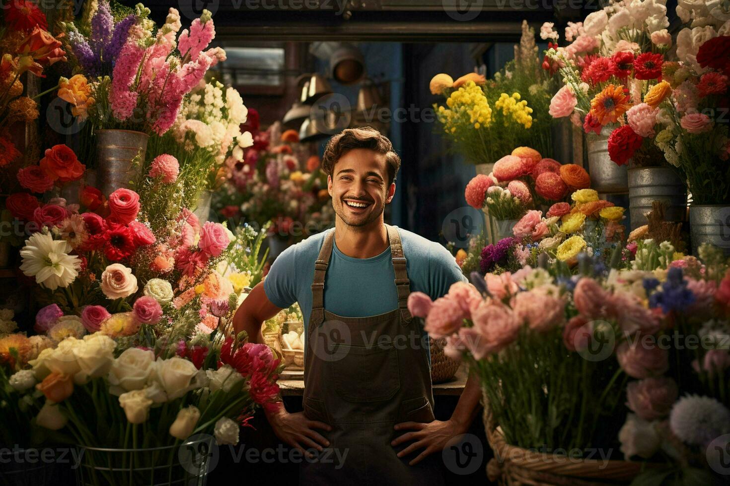 portret van een glimlachen mannetje bloemist staand in bloem winkel. ai gegenereerd pro foto