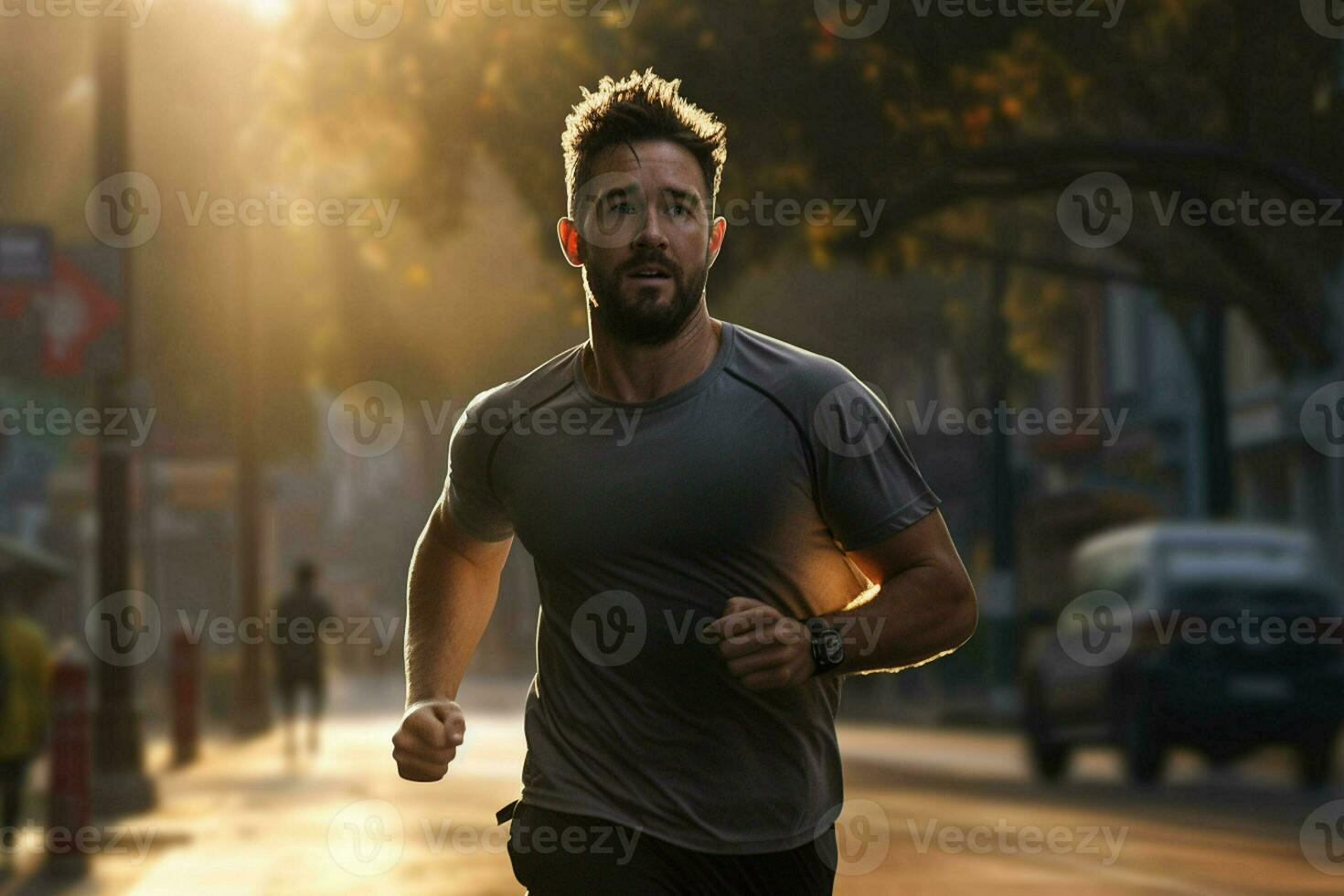 rennen Mens jogging Aan stad straat Bij zonsopkomst. sport geschiktheid model- Kaukasisch etniciteit opleiding buitenshuis. ai gegenereerd pro foto