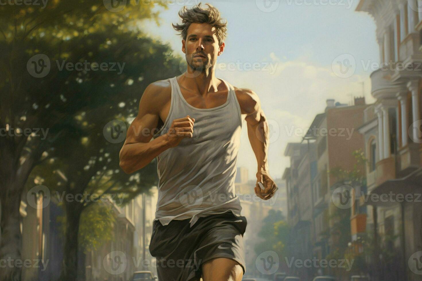 rennen Mens jogging Aan stad straat Bij zonsopkomst. sport geschiktheid model- Kaukasisch etniciteit opleiding buitenshuis. ai gegenereerd pro foto