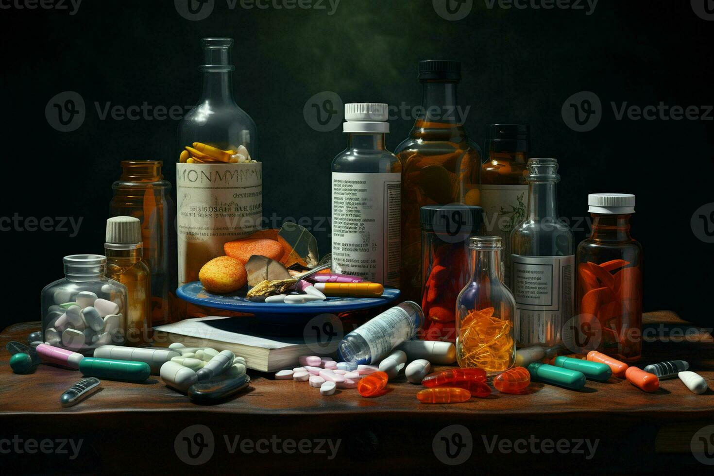 farmaceutisch geneeskunde pillen en capsules Aan houten tafel in donker kamer. ai gegenereerd pro foto