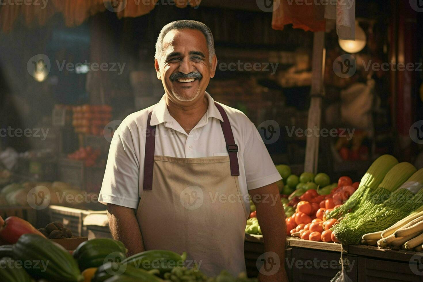 portret van een glimlachen Mens verkoop groenten Bij een kruidenier op te slaan. ai gegenereerd pro foto
