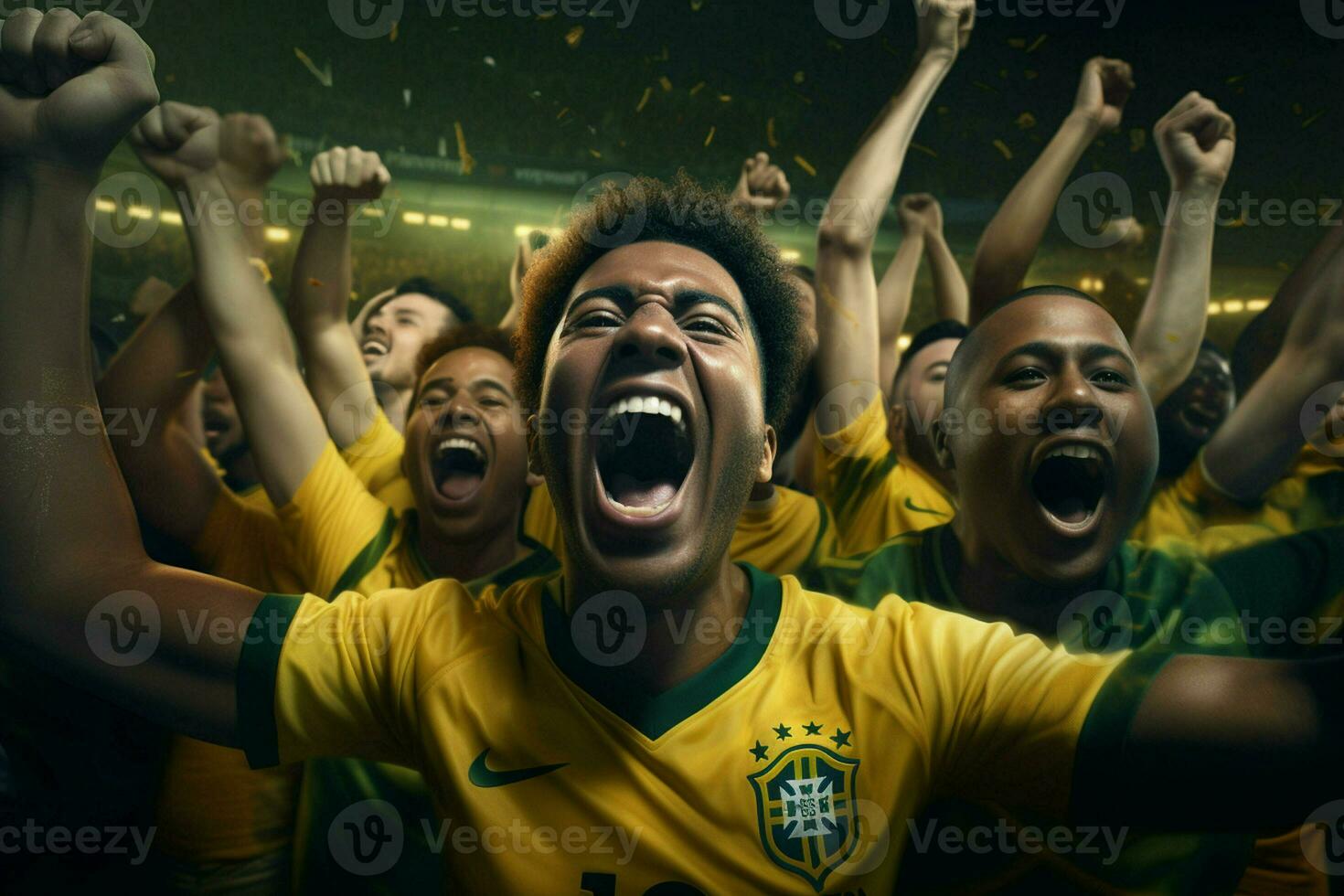 opgewonden Brazilië Amerikaans voetbal fans juichen voor hun team gedurende een spel Bij stadion. ai gegenereerd pro foto