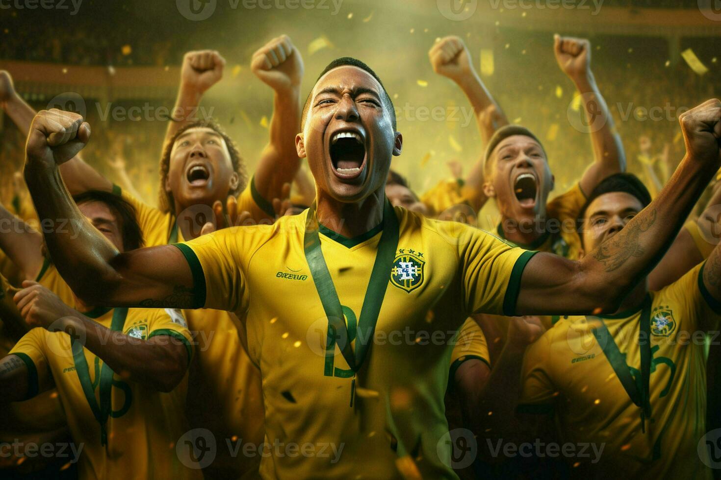 opgewonden Brazilië Amerikaans voetbal fans juichen voor hun team gedurende een spel Bij stadion. ai gegenereerd pro foto