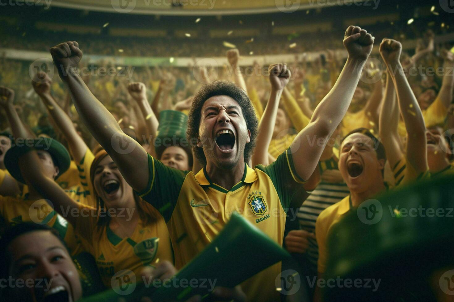 opgewonden Brazilië Amerikaans voetbal fans juichen voor hun team gedurende een spel Bij stadion. ai gegenereerd pro foto