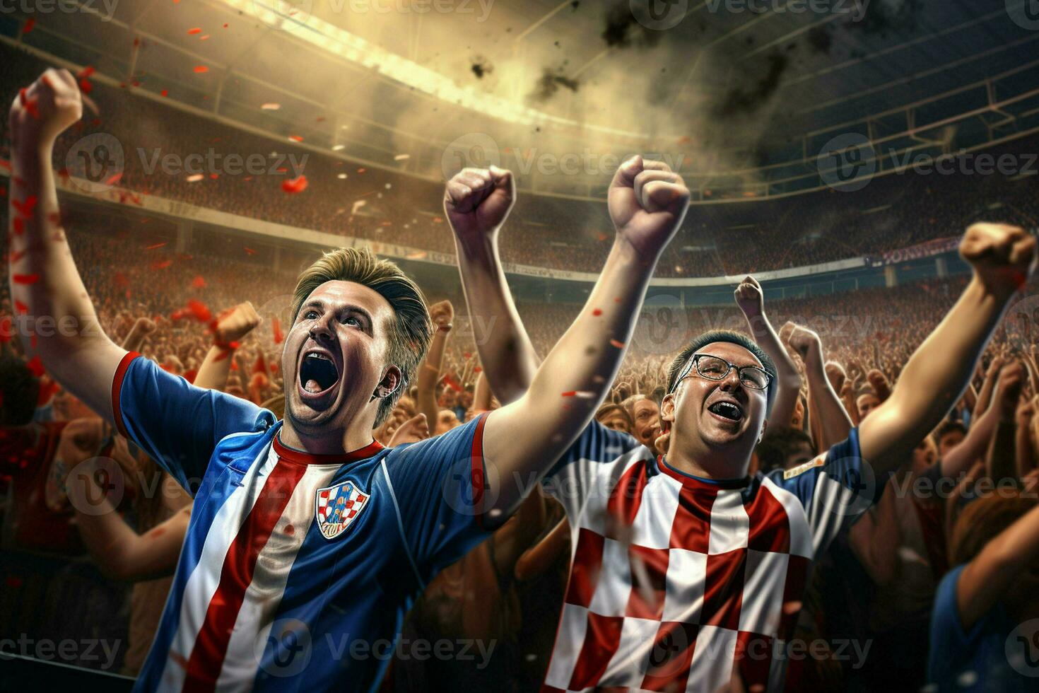 opgewonden Kroatië Amerikaans voetbal fans juichen voor hun team gedurende een spel Bij stadion. ai gegenereerd pro foto