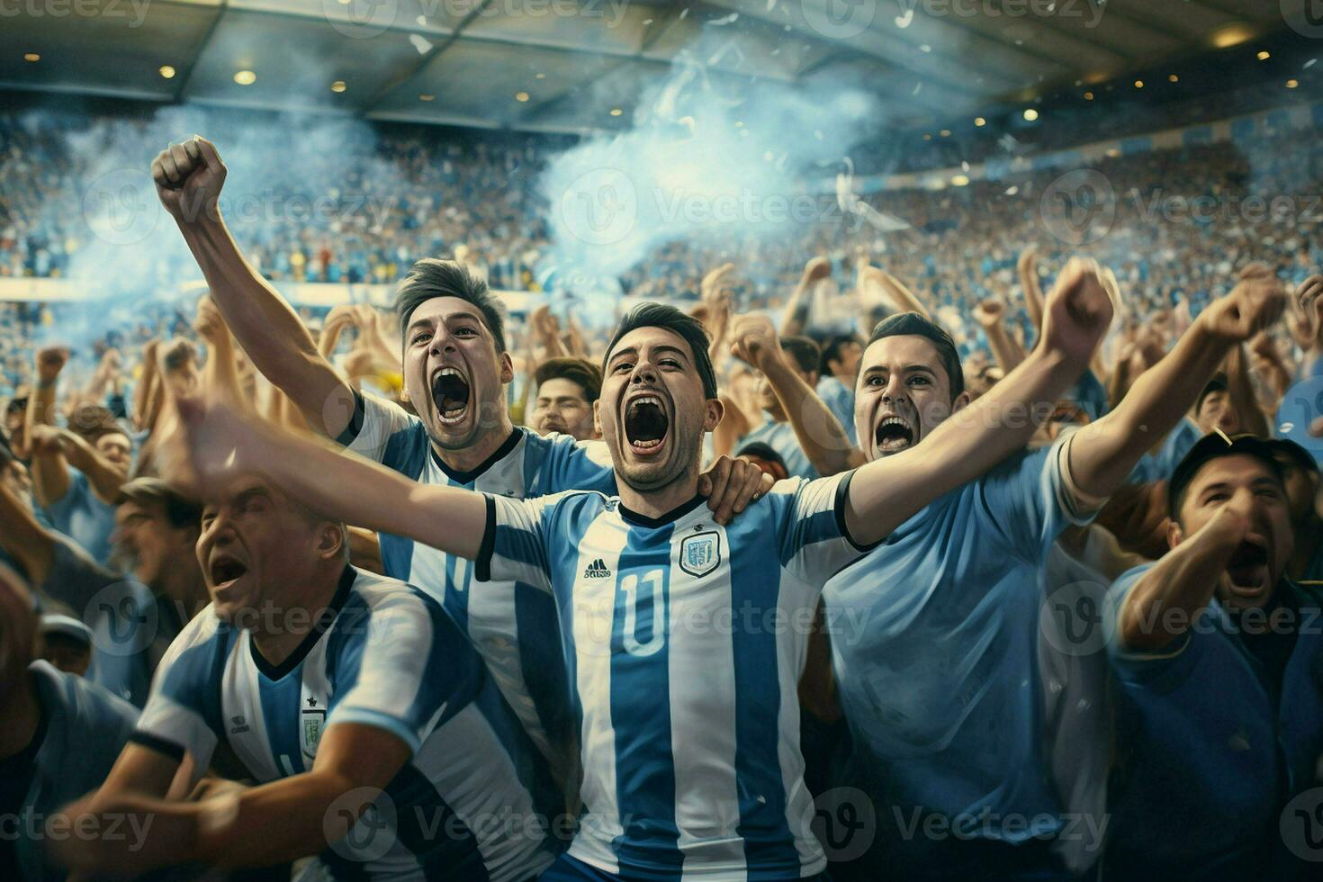 opgewonden Argentinië Amerikaans voetbal fans juichen voor hun team gedurende een spel Bij stadion. ai gegenereerd pro foto