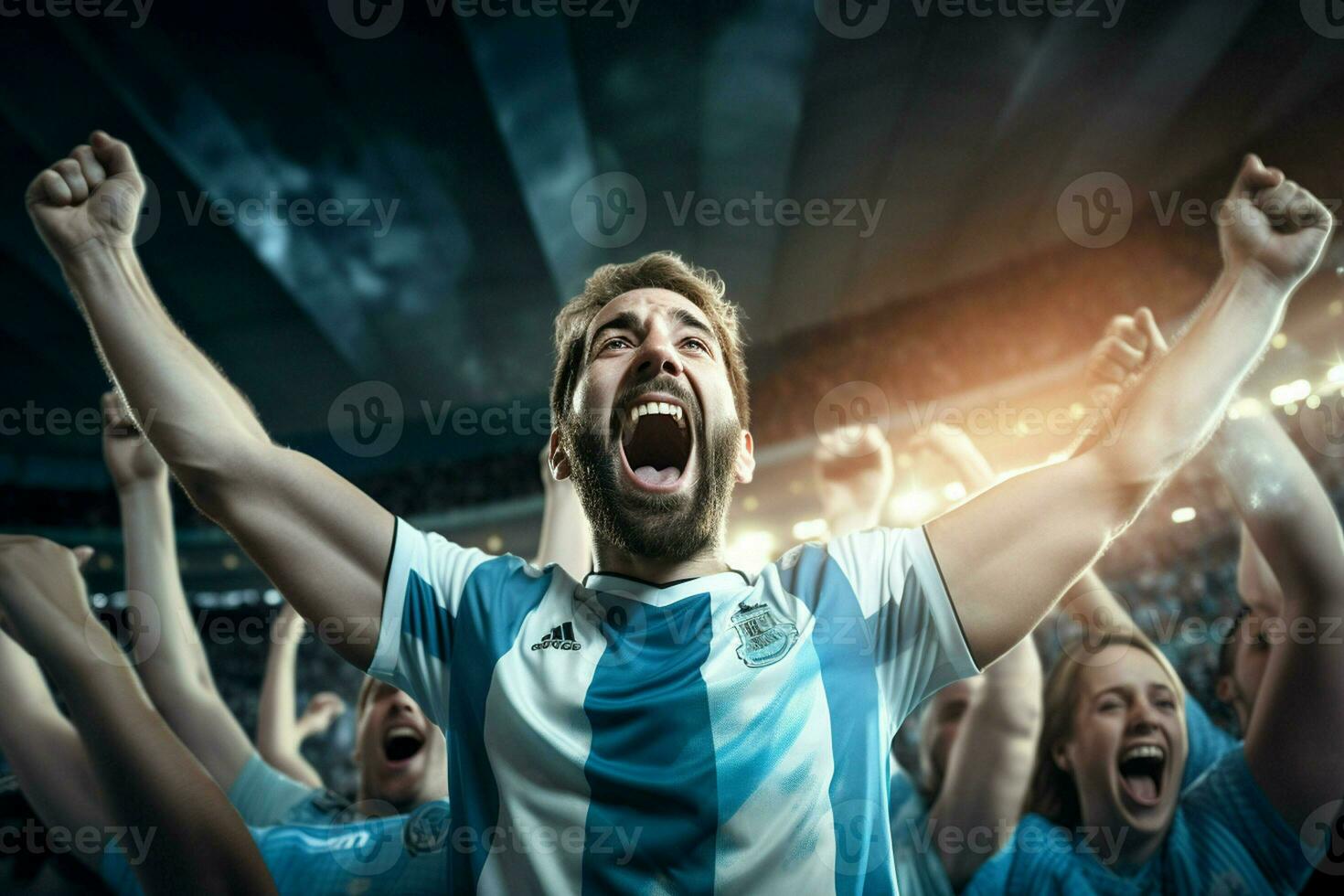 opgewonden Argentinië Amerikaans voetbal fans juichen voor hun team gedurende een spel Bij stadion. ai gegenereerd pro foto