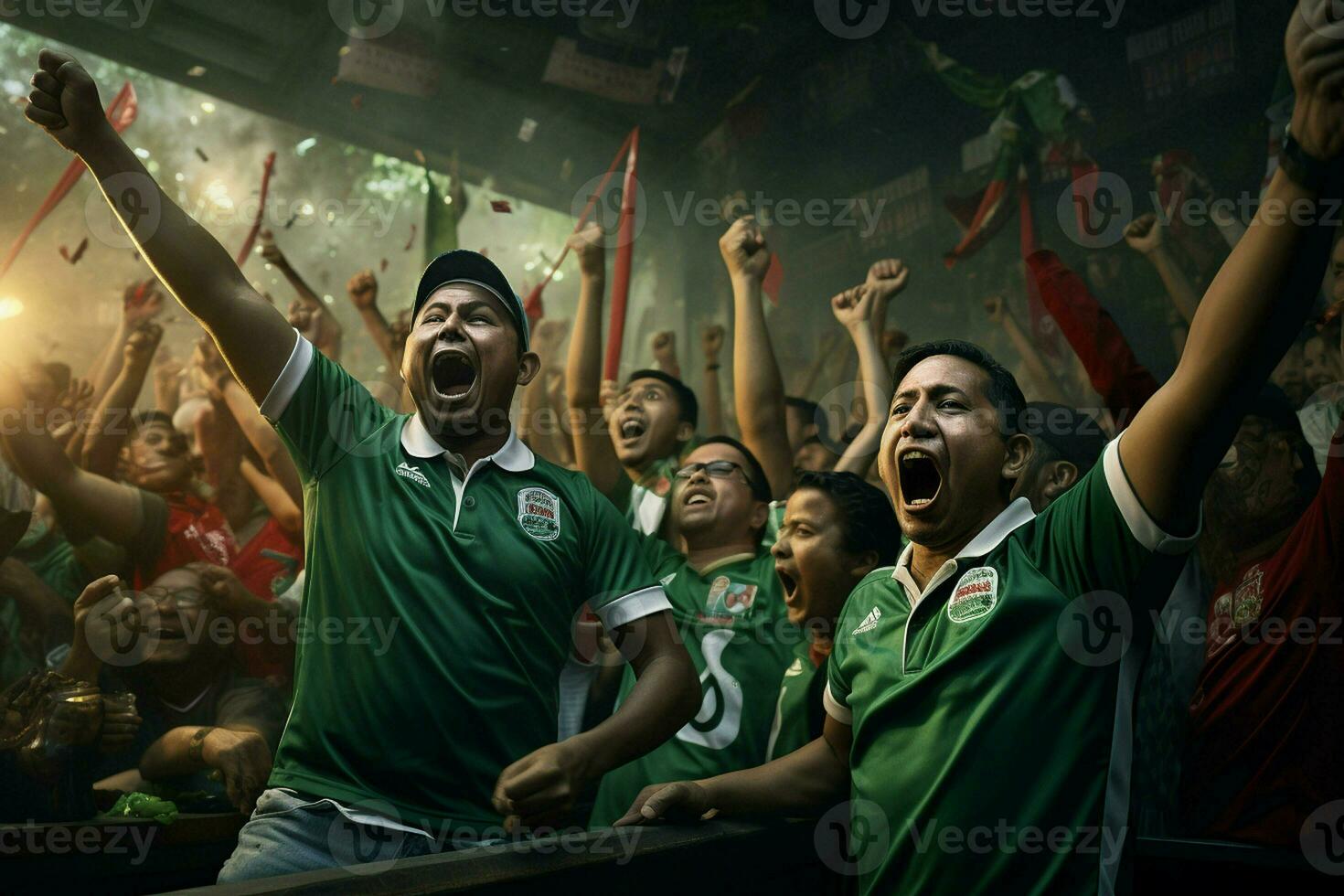 opgewonden Bangladesh Amerikaans voetbal fans juichen voor hun team gedurende een spel Bij stadion. ai gegenereerd pro foto