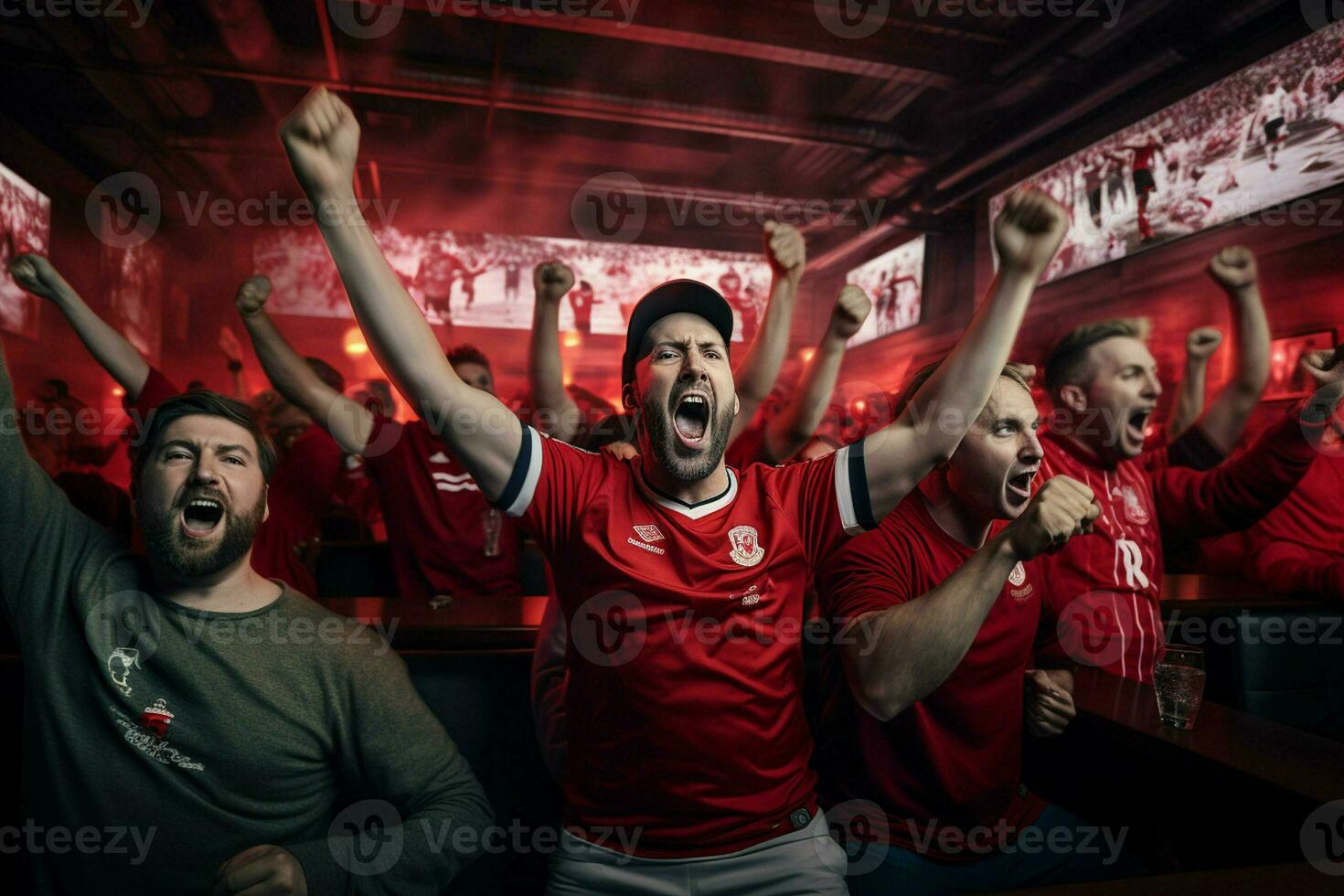 opgewonden Canada Amerikaans voetbal fans juichen voor hun team gedurende een spel Bij stadion. ai gegenereerd pro foto