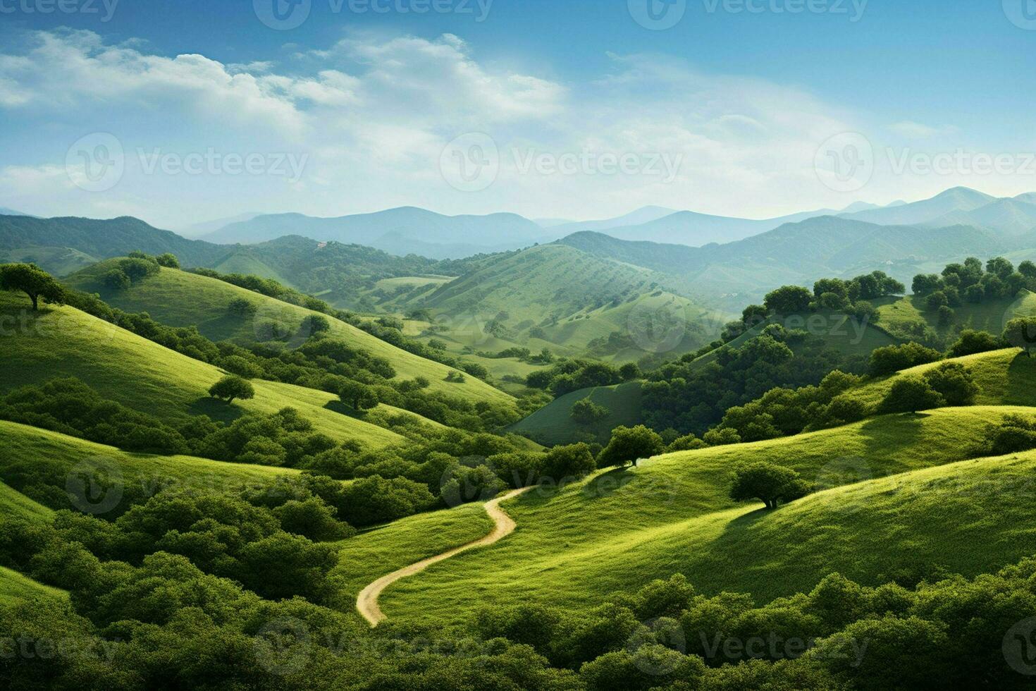 groen thee plantage landschap met bomen en blauw lucht. natuur achtergrond. ai gegenereerd pro foto
