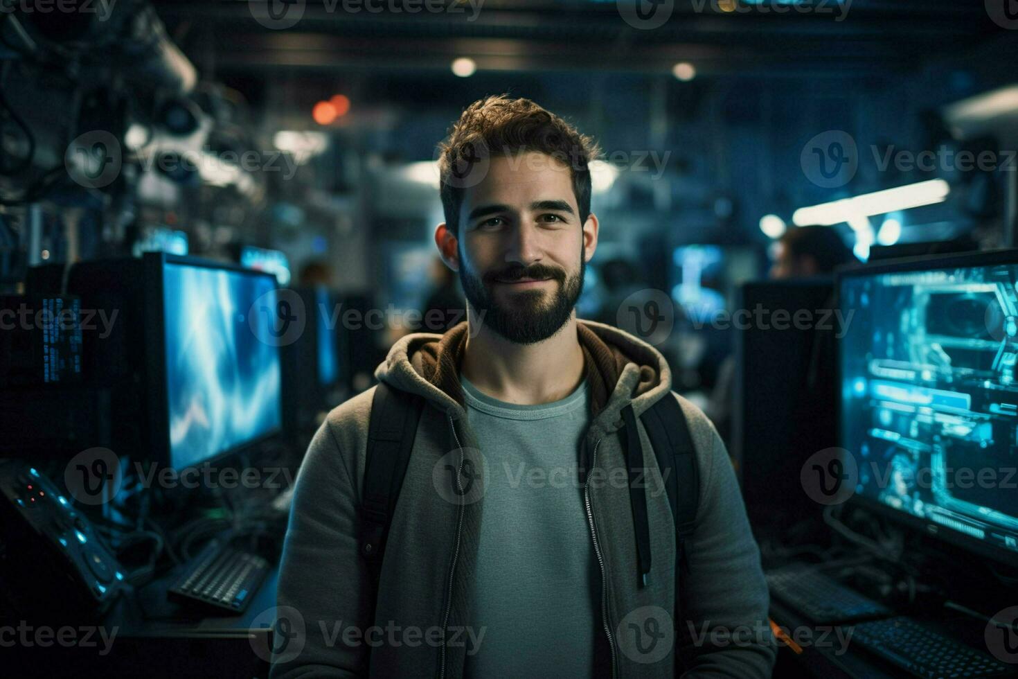 portret van zelfverzekerd zakenman staand in voorkant van computer monitoren in kantoor. ai gegenereerd pro foto