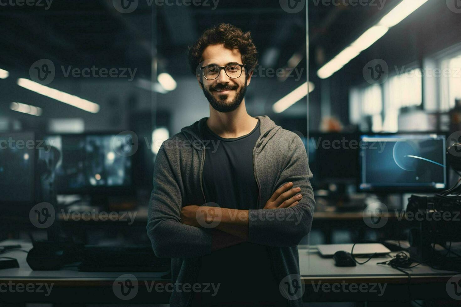 portret van zelfverzekerd zakenman staand in voorkant van computer monitoren in kantoor. ai gegenereerd pro foto