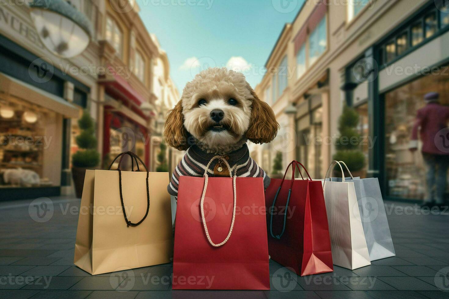 schattig hond met boodschappen doen Tassen in de stad. boodschappen doen concept. ai gegenereerd pro foto