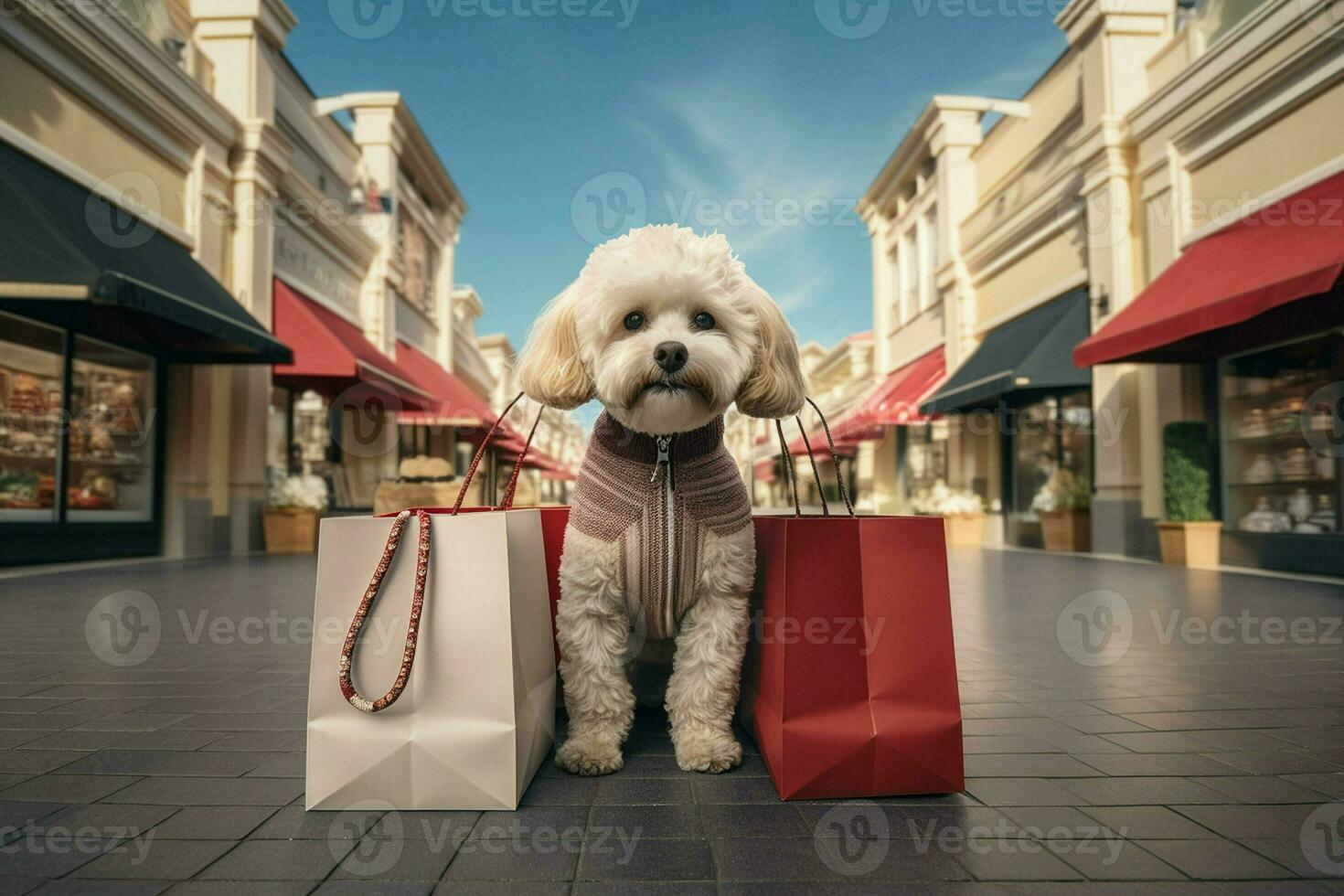 schattig hond met boodschappen doen Tassen in de stad. boodschappen doen concept. ai gegenereerd pro foto