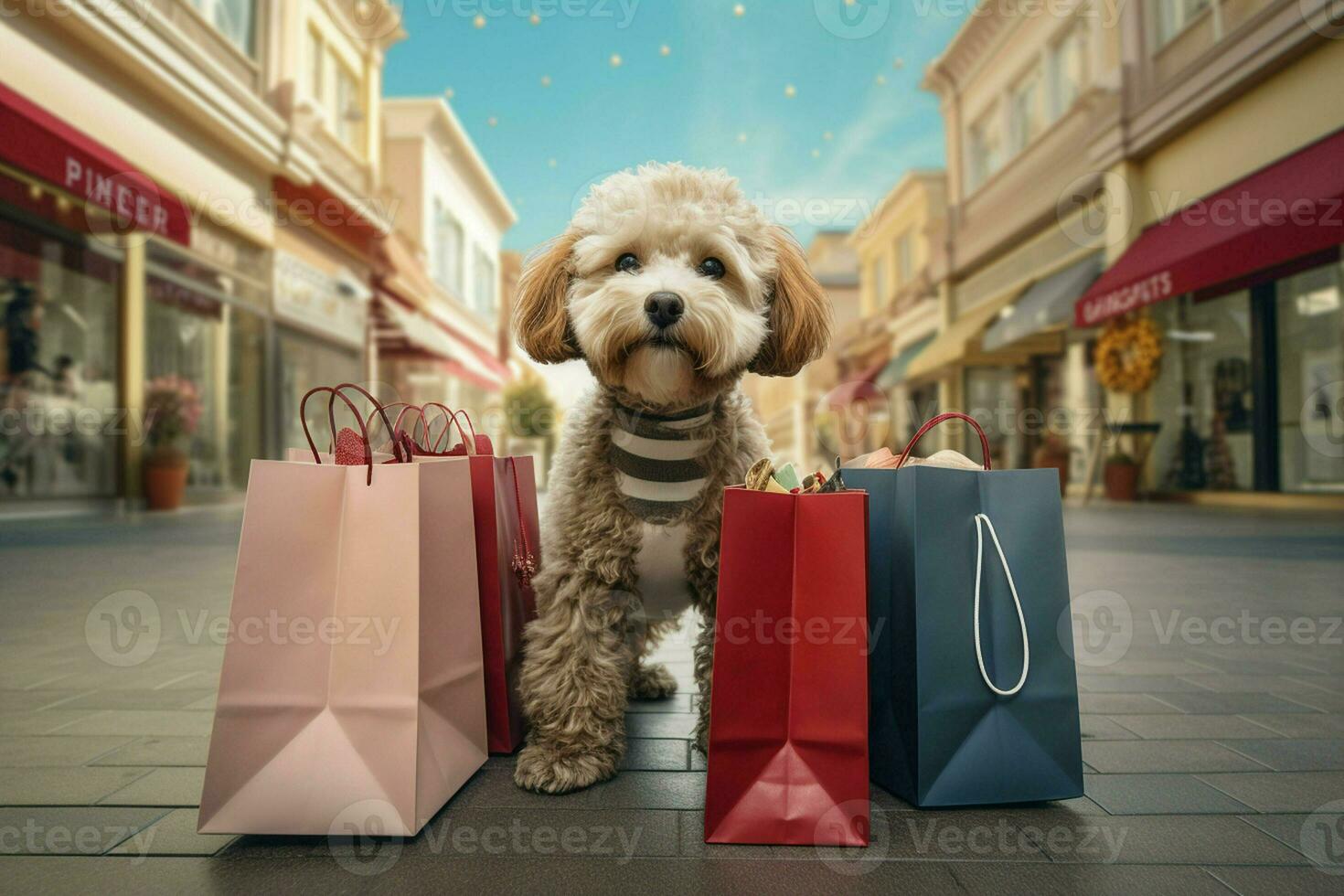 schattig hond met boodschappen doen Tassen in de stad. boodschappen doen concept. ai gegenereerd pro foto