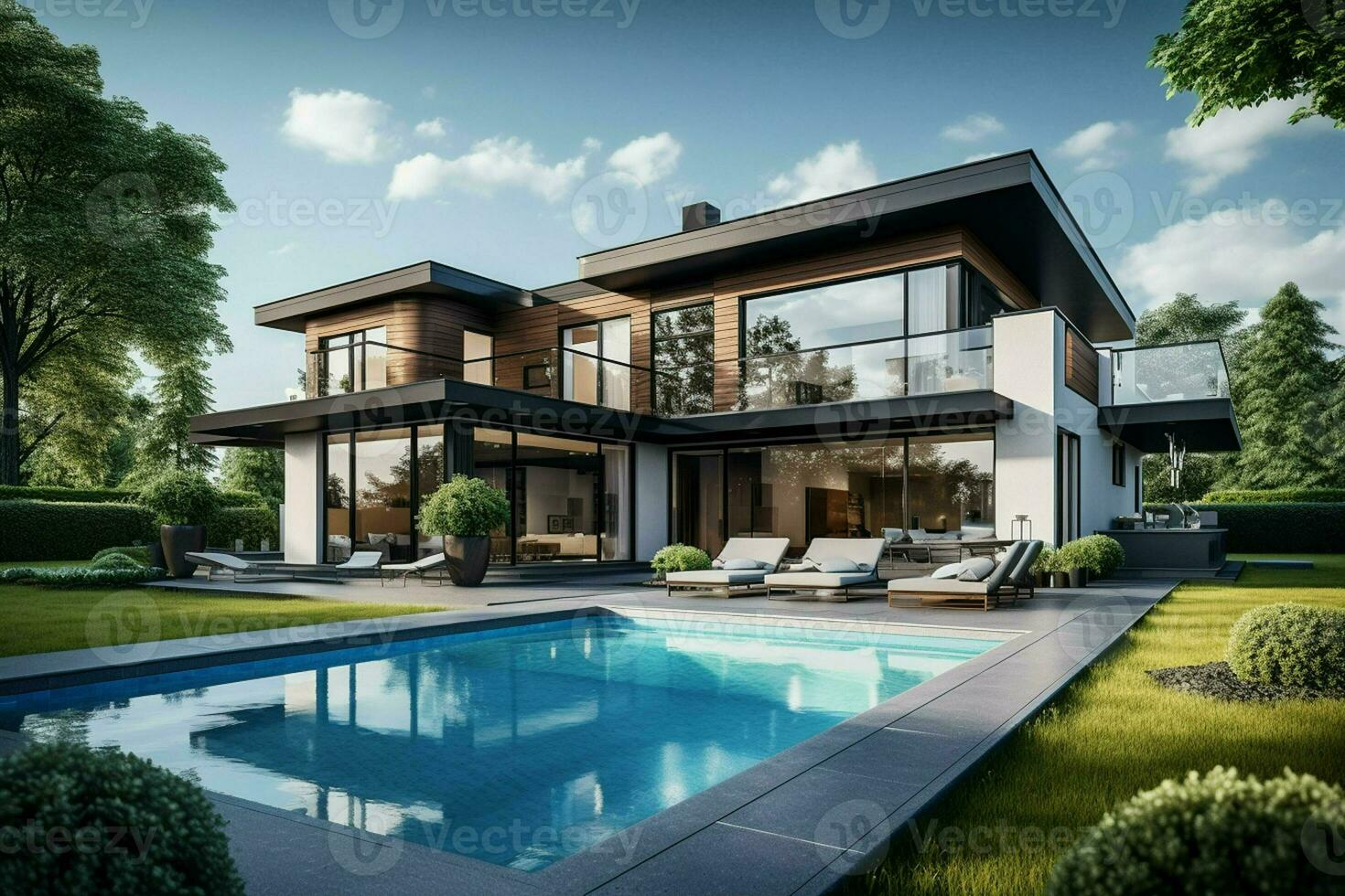 3d renderen van modern knus huis met zwembad en parkeren voor uitverkoop of huur. zwart auto in voorkant. Doorzichtig zonnig zomer dag met blauw lucht. ai gegenereerd pro foto
