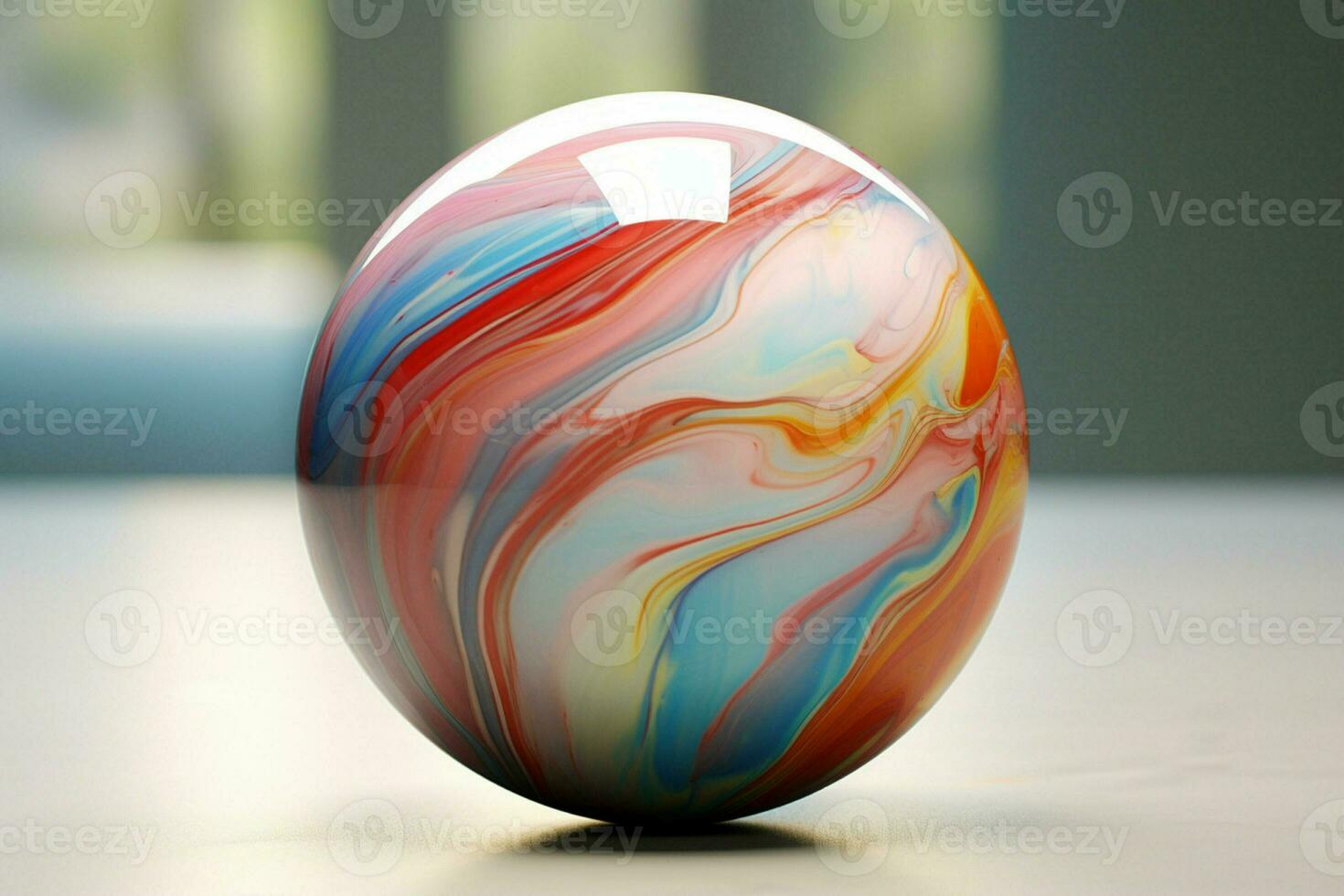 3d geven van een abstract kleurrijk marmeren bal Aan een houten tafel. ai gegenereerd pro foto