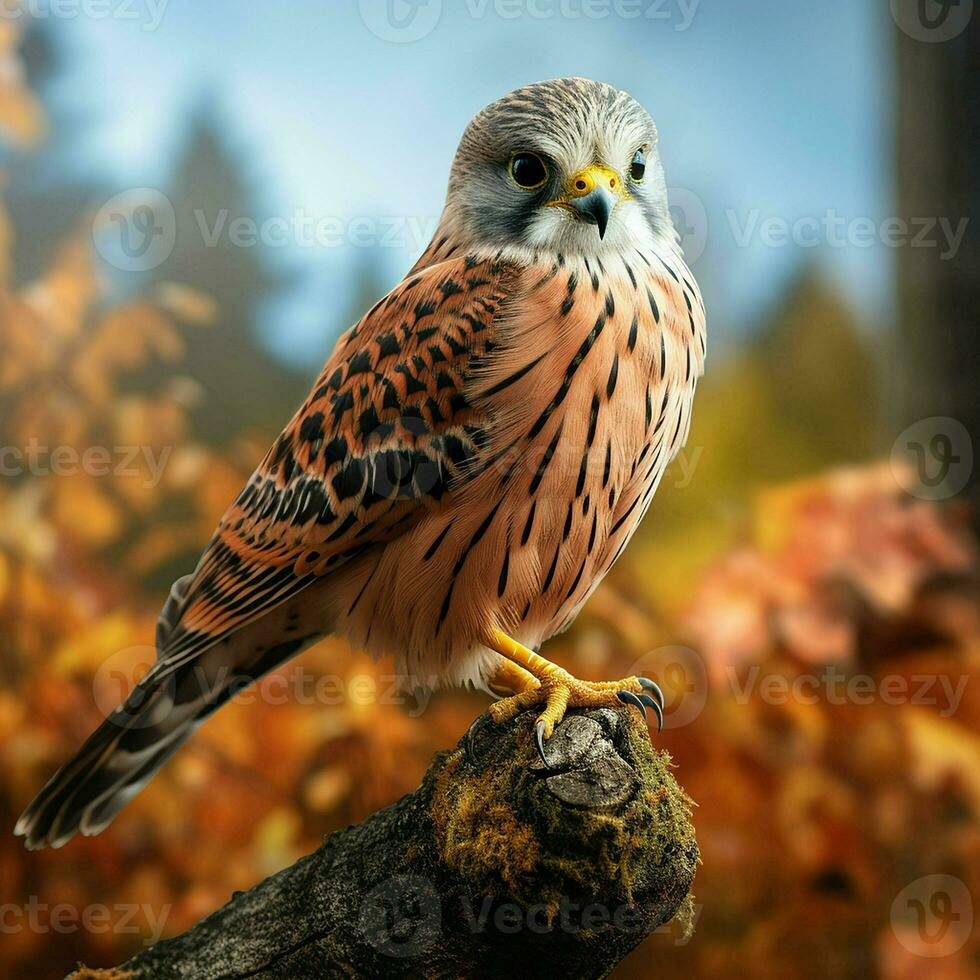 torenvalk zittend Aan een Afdeling in herfst Woud. dieren in het wild tafereel van natuur. ai gegenereerd pro foto