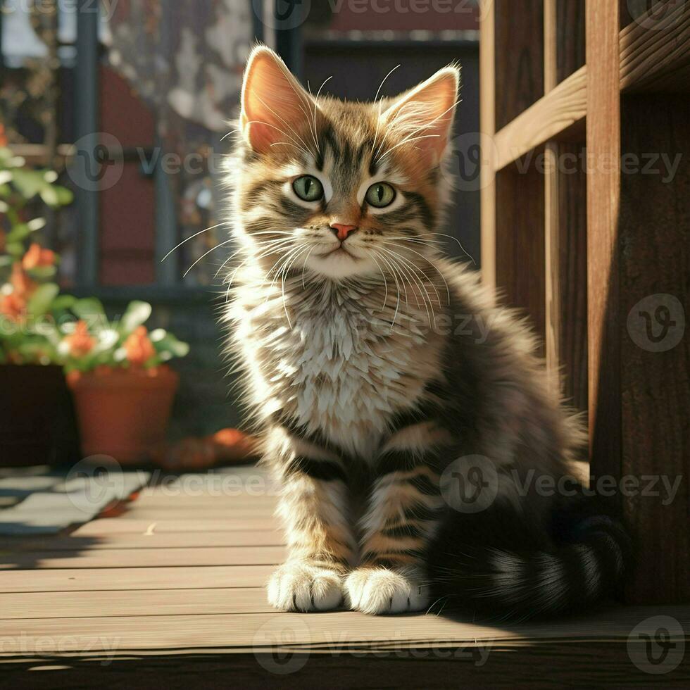 schattig gember kat zittend Aan de veranda in de stralen van de instelling zon. ai gegenereerd pro foto