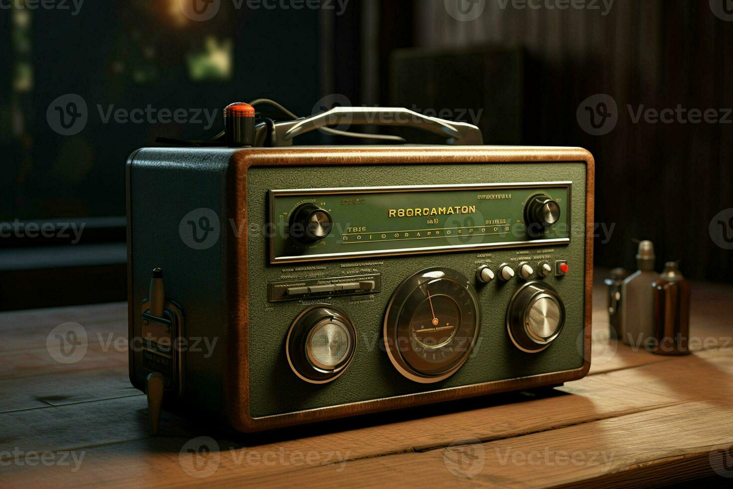 wijnoogst radio Aan een houten tafel in de interieur van de kamer, wijnoogst stijl. retro radio. ai gegenereerd pro foto