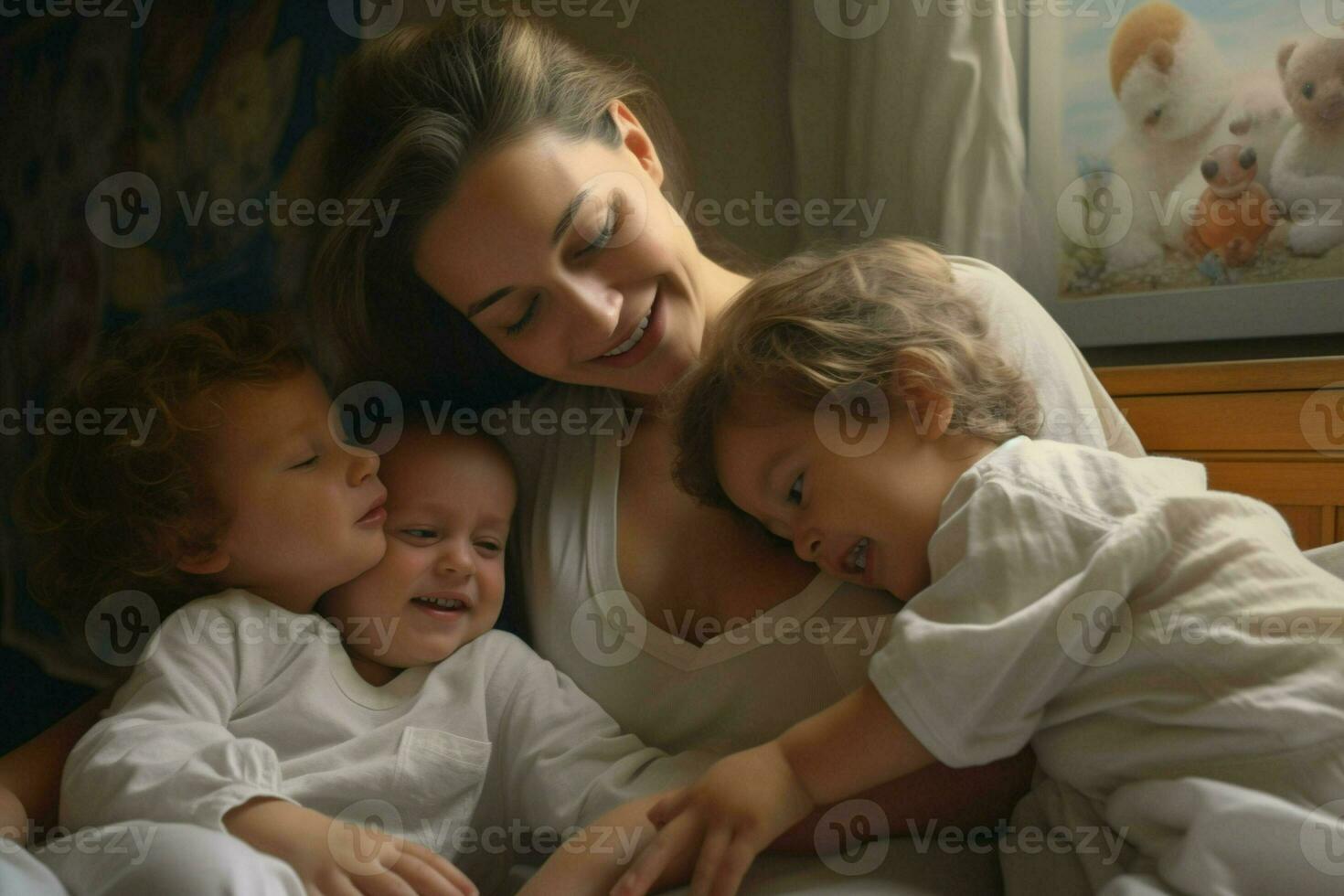 moeder en haar kinderen spelen in leven kamer Bij huis, gelukkig familie. ai gegenereerd pro foto