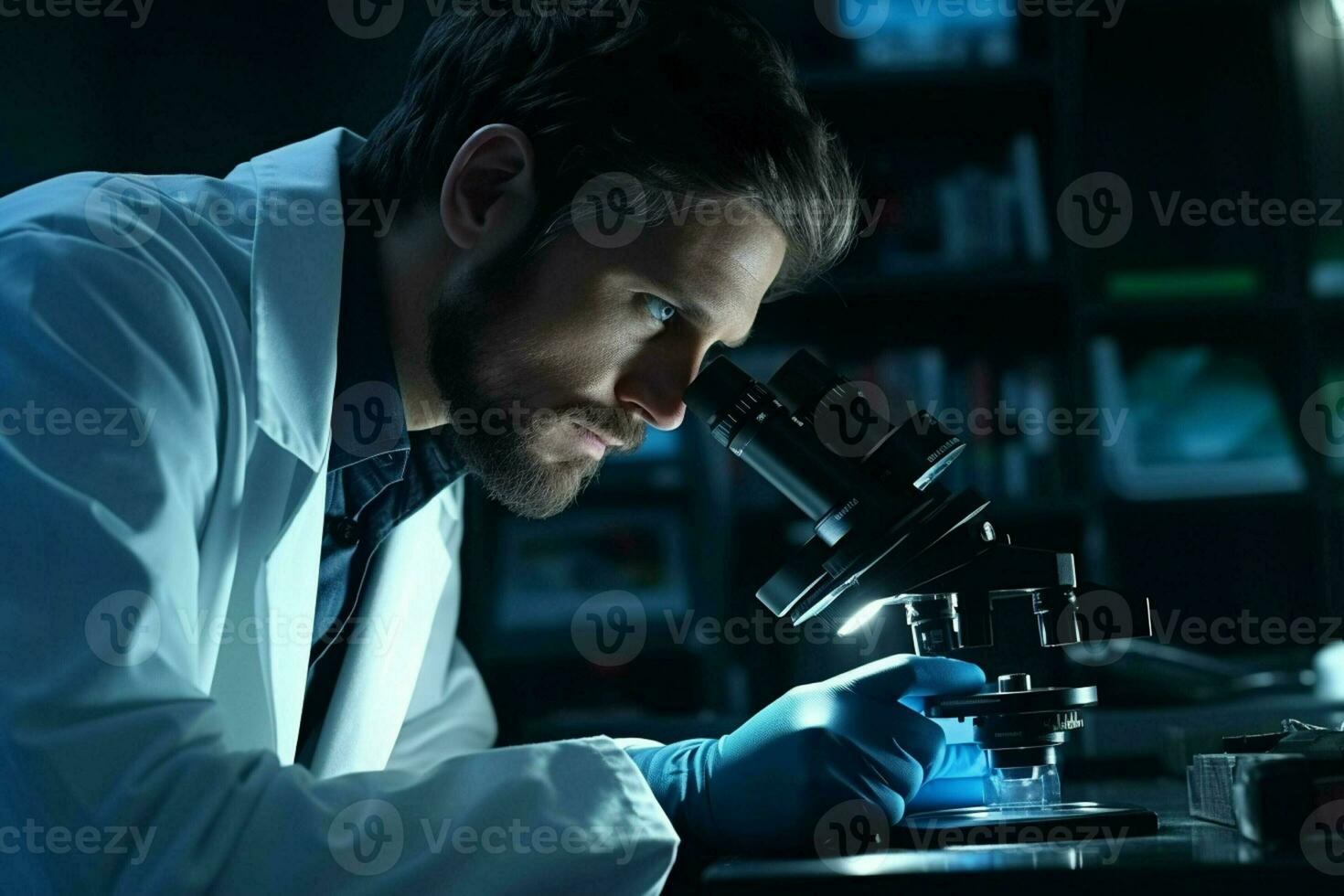 wetenschapper werken met microscoop in laboratorium. medisch Onderzoek en ontwikkeling. ai gegenereerd pro foto