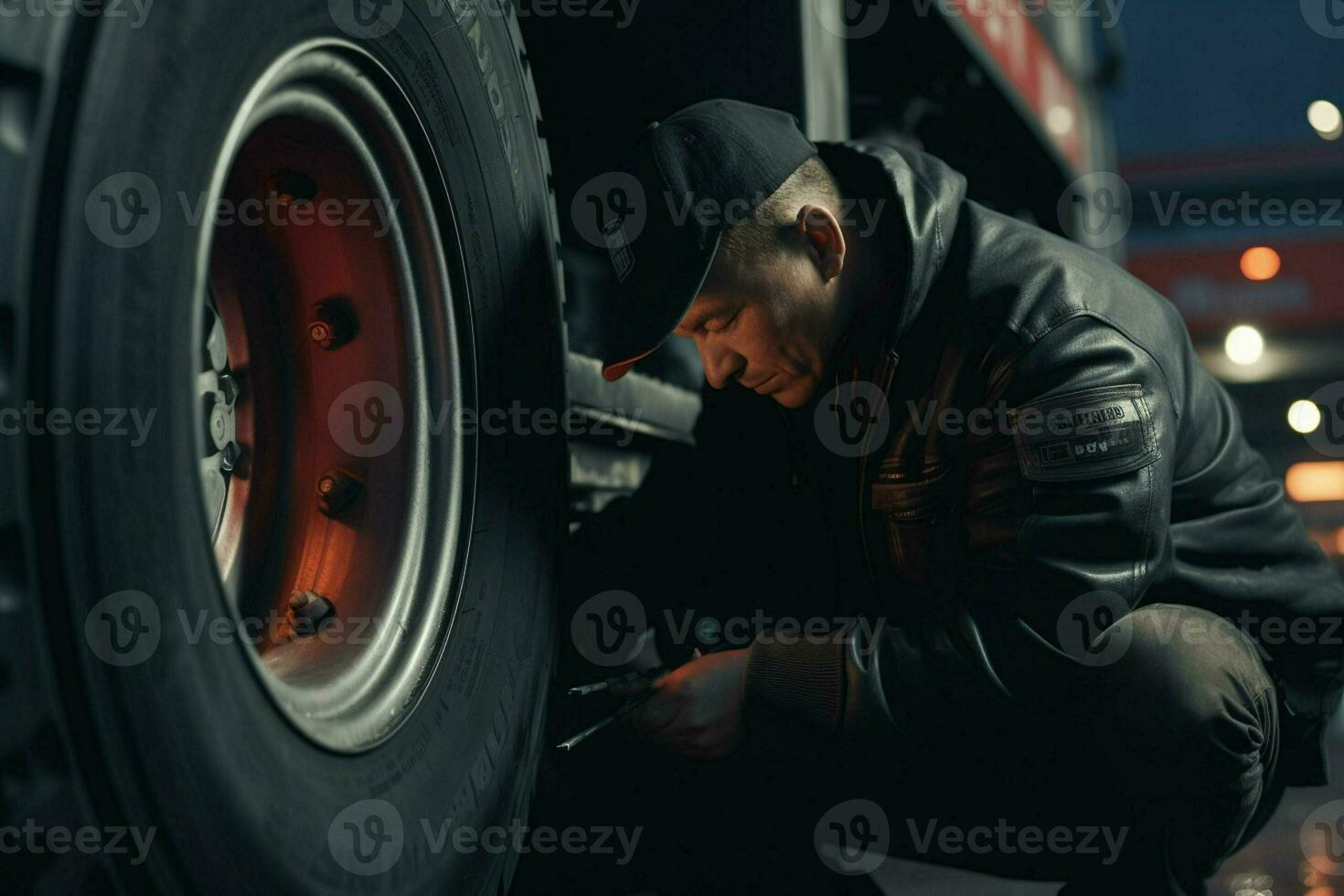 auto monteur veranderen een auto band Bij een auto reparatie onderhoud station. monteur veranderen een auto wiel met een moersleutel in een garage. ai gegenereerd pro foto