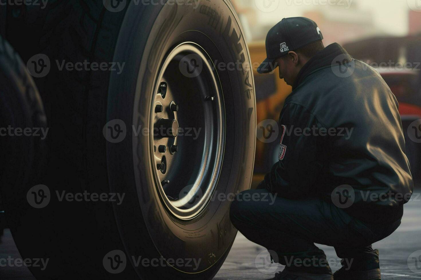 auto monteur veranderen een auto band Bij een auto reparatie onderhoud station. monteur veranderen een auto wiel met een moersleutel in een garage. ai gegenereerd pro foto